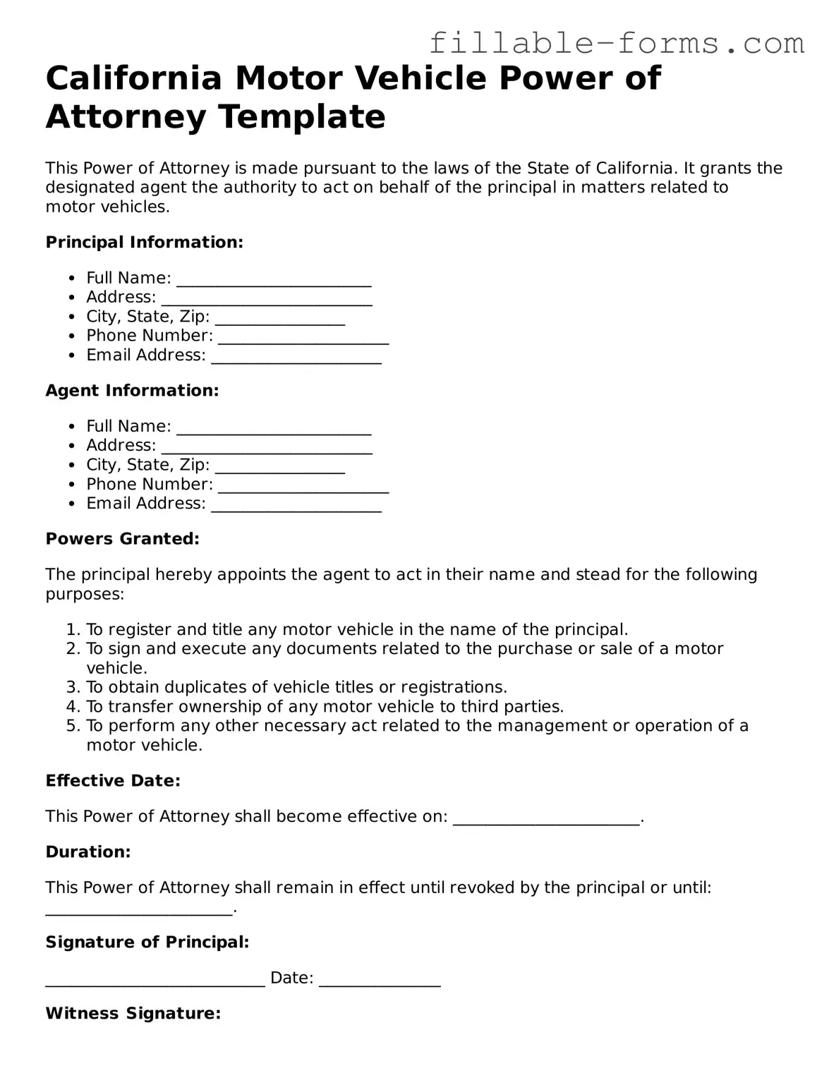 Printable  Motor Vehicle Power of Attorney Form for California