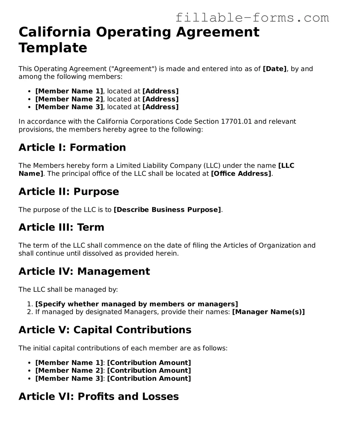 Printable  Operating Agreement Form for California