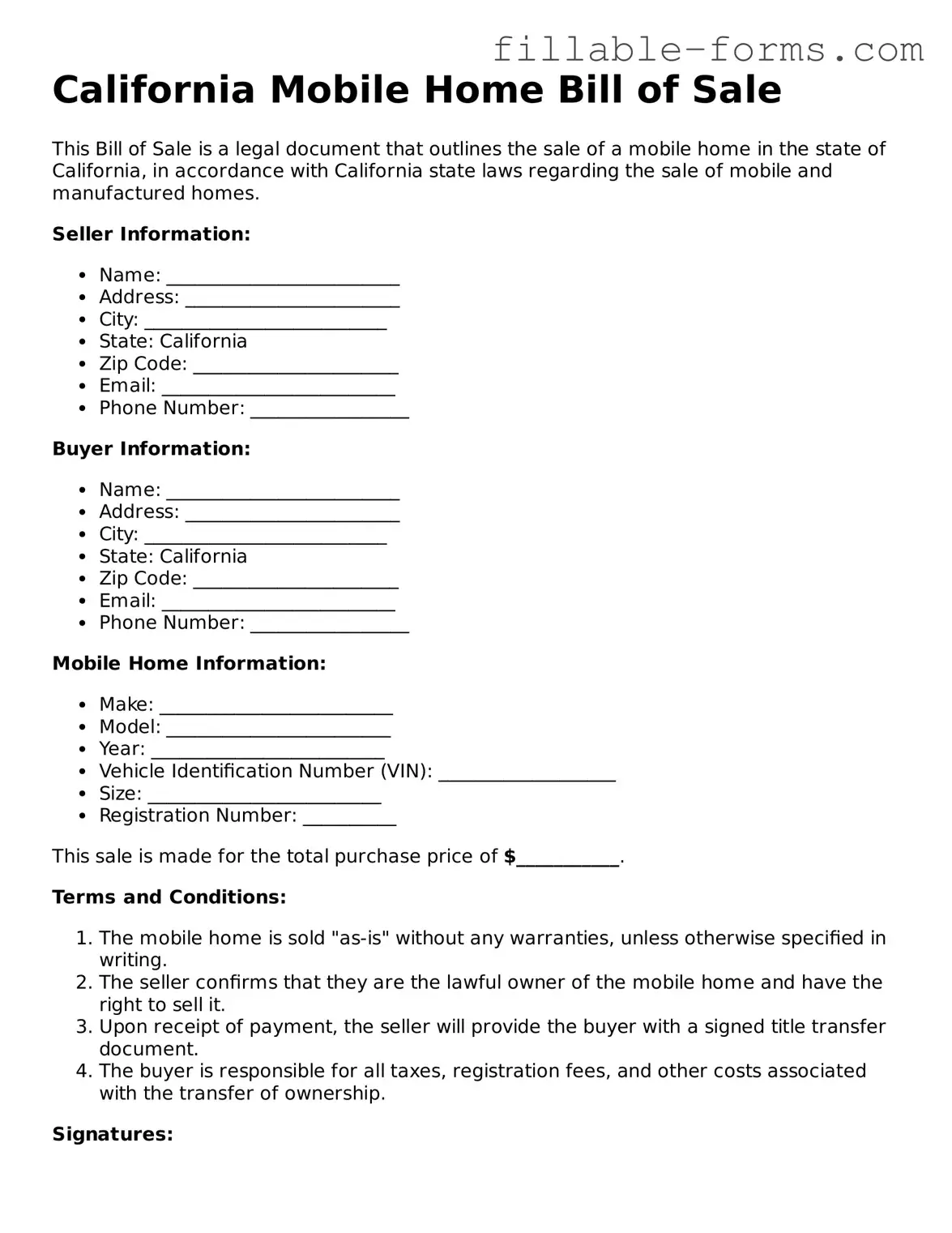 Printable  Mobile Home Bill of Sale Form for California