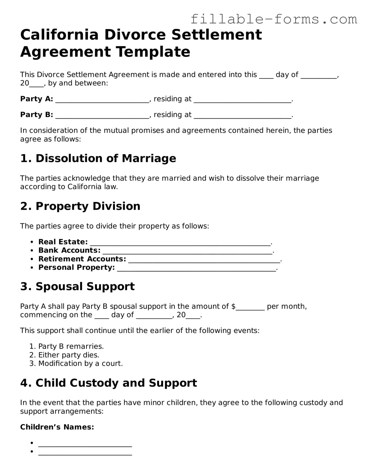 Printable  Divorce Settlement Agreement Form for California