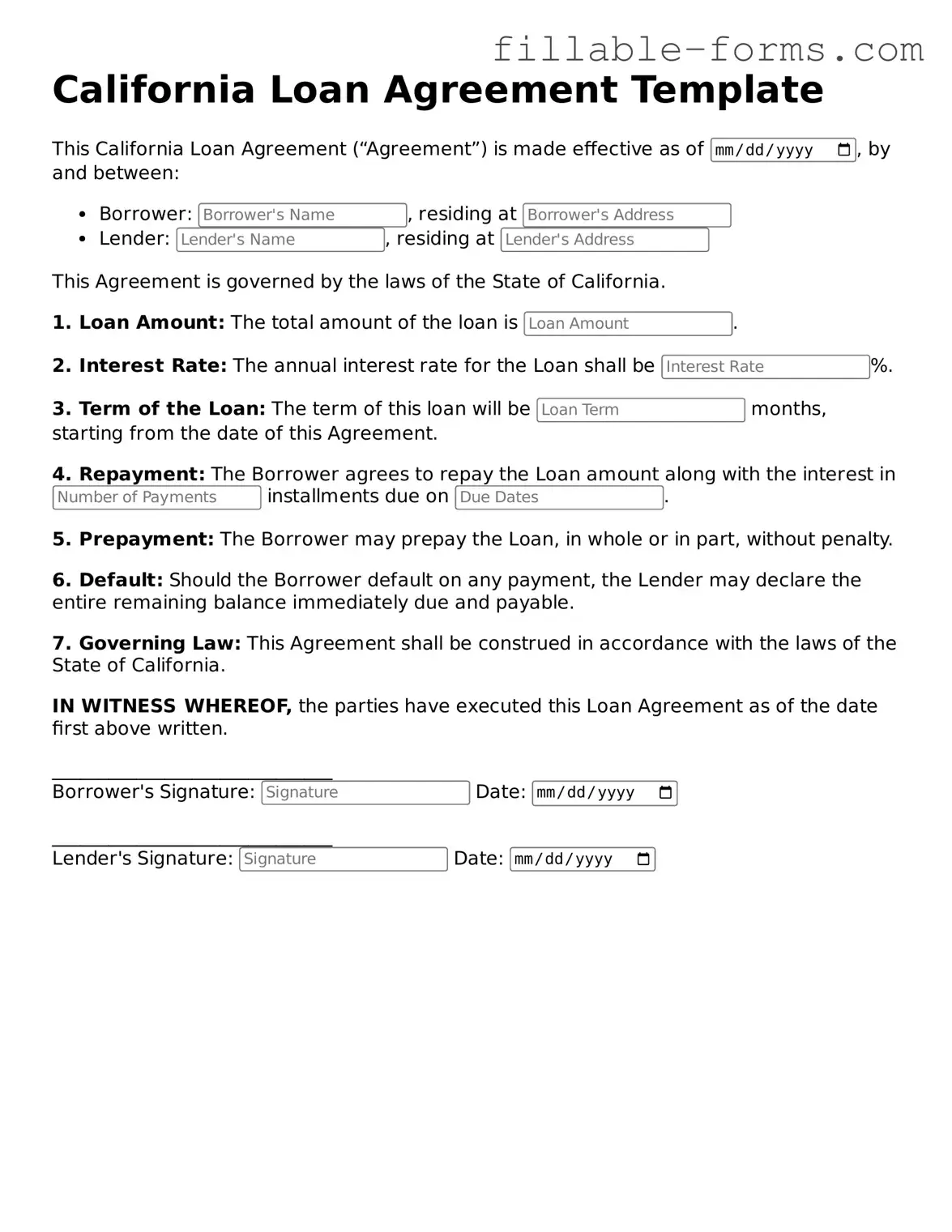 Printable  Loan Agreement Form for California