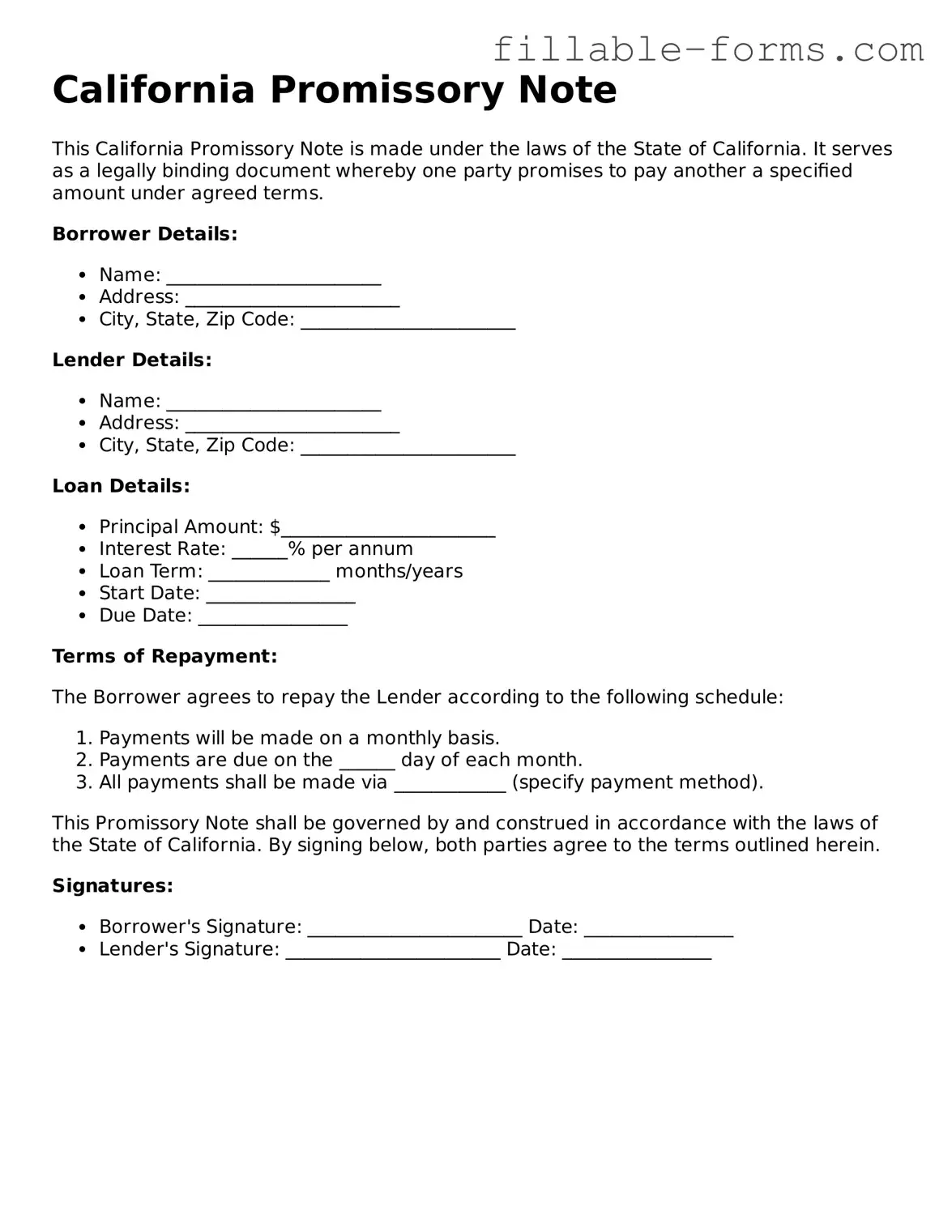 Printable  Promissory Note Form for California