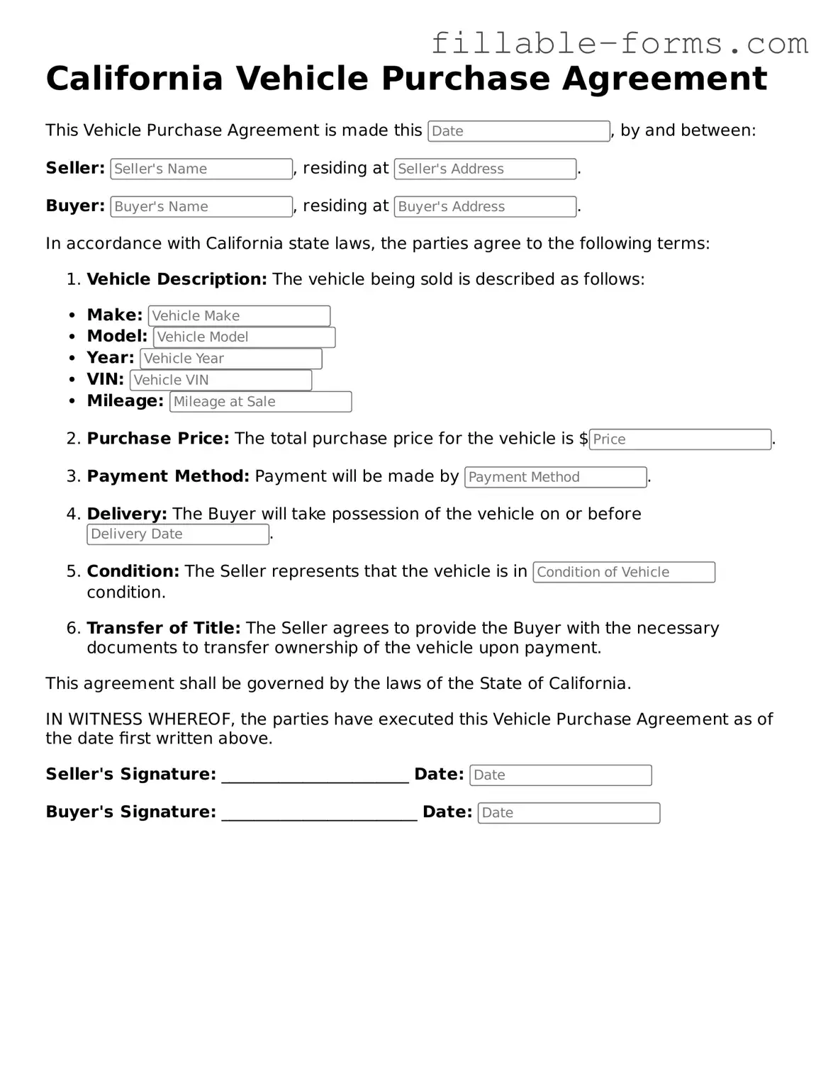 Printable  Vehicle Purchase Agreement Form for California