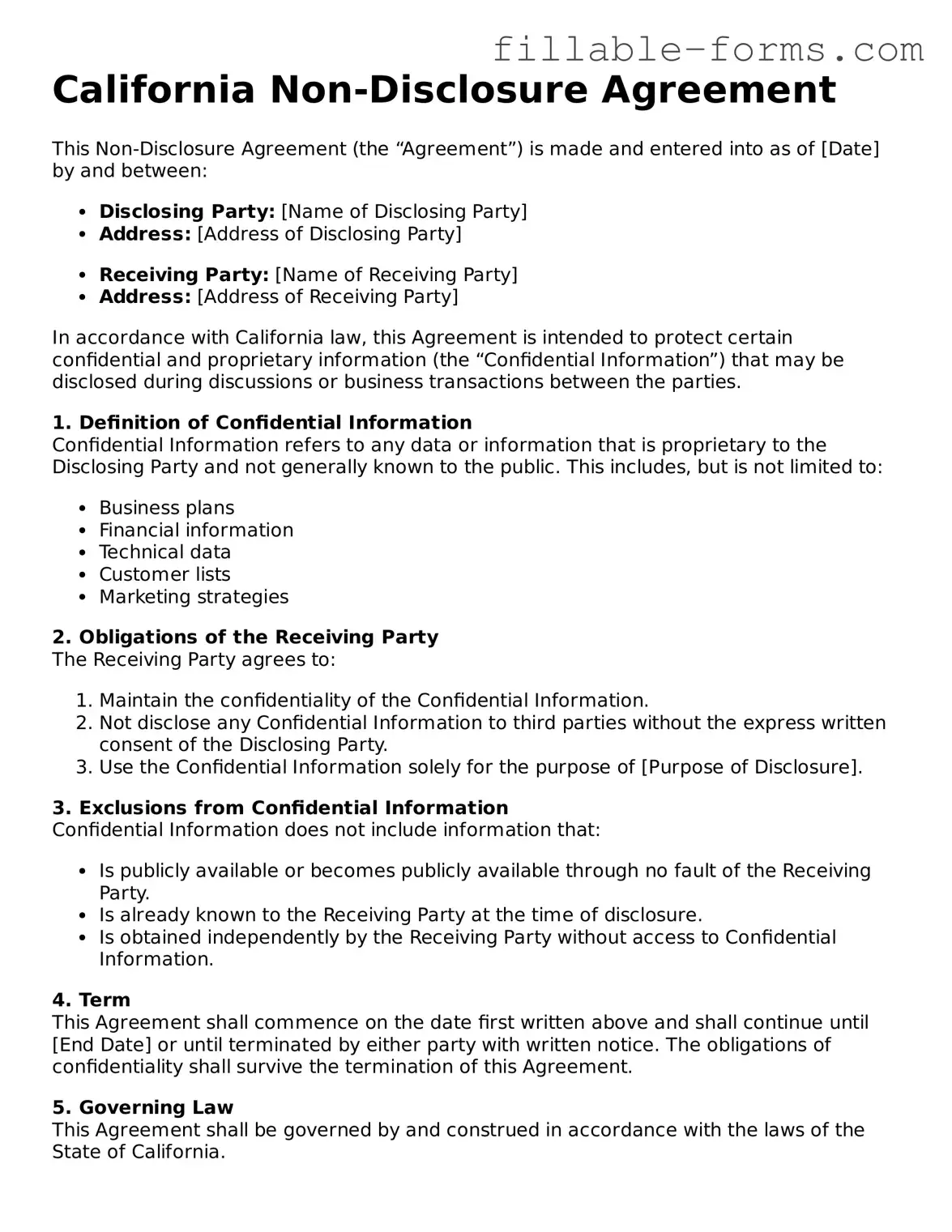 Printable  Non-disclosure Agreement Form for California