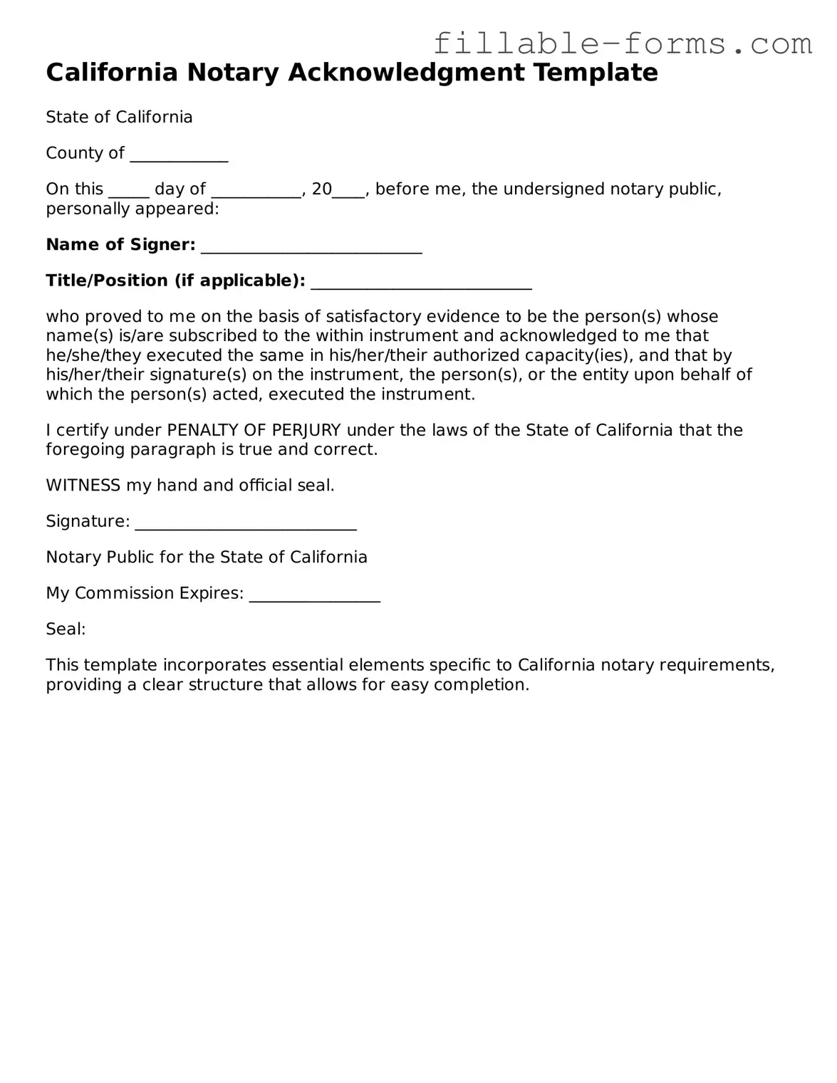 Printable  Notary Acknowledgement Form for California