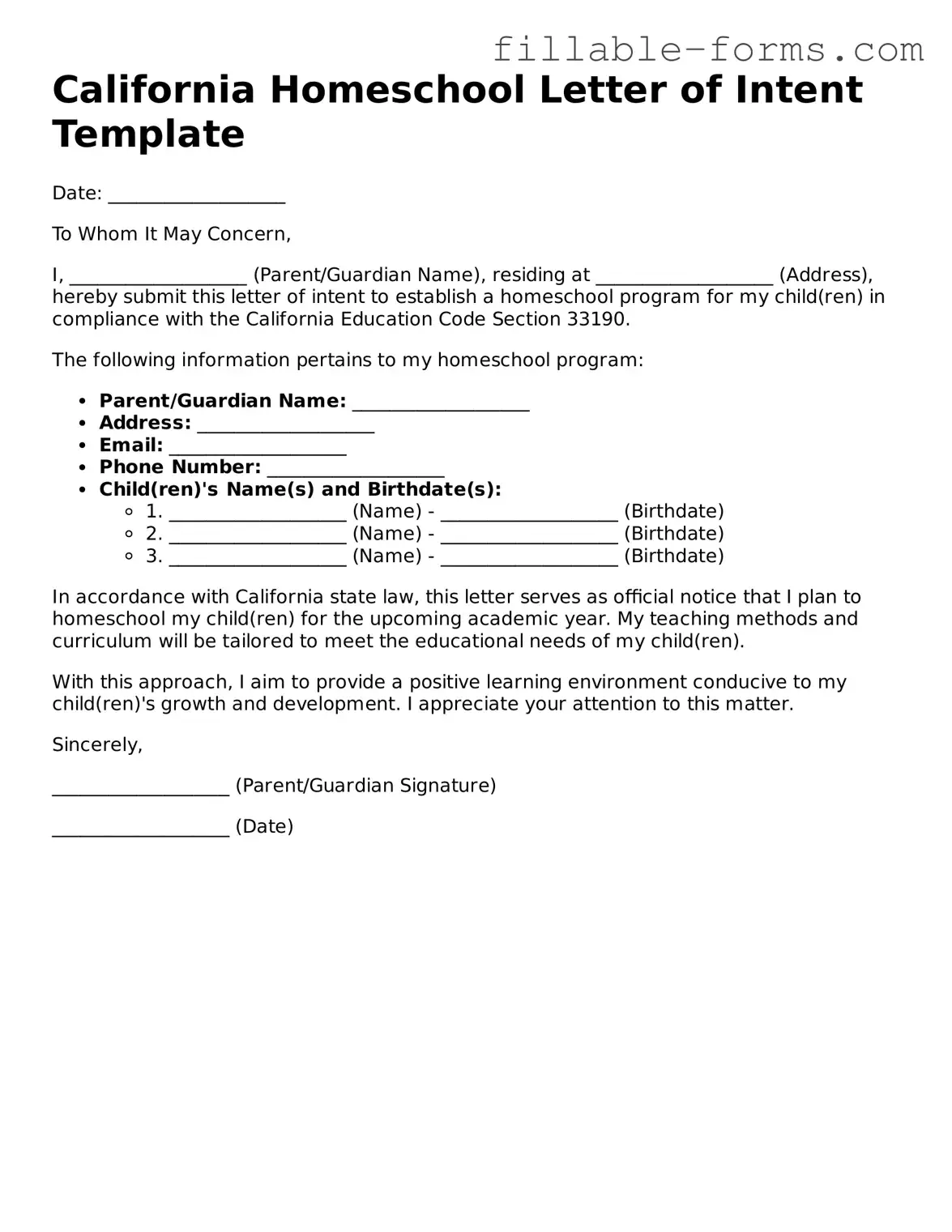 Printable  Homeschool Letter of Intent Form for California