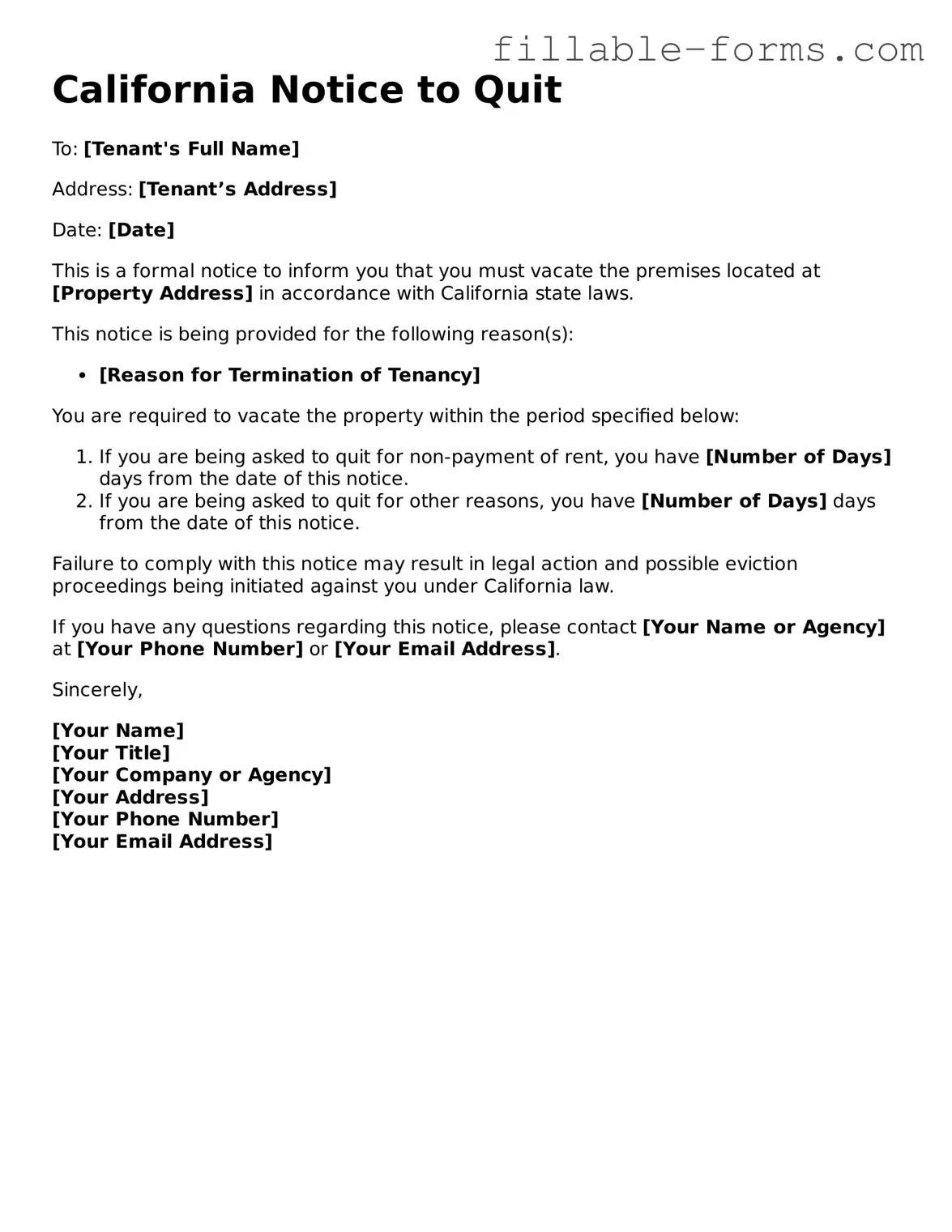 Printable  Notice to Quit Form for California