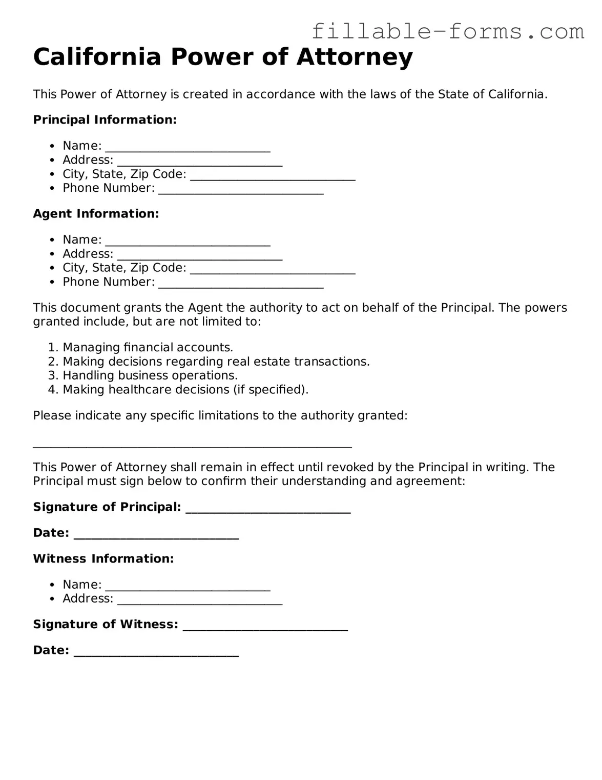 Printable  Power of Attorney Form for California