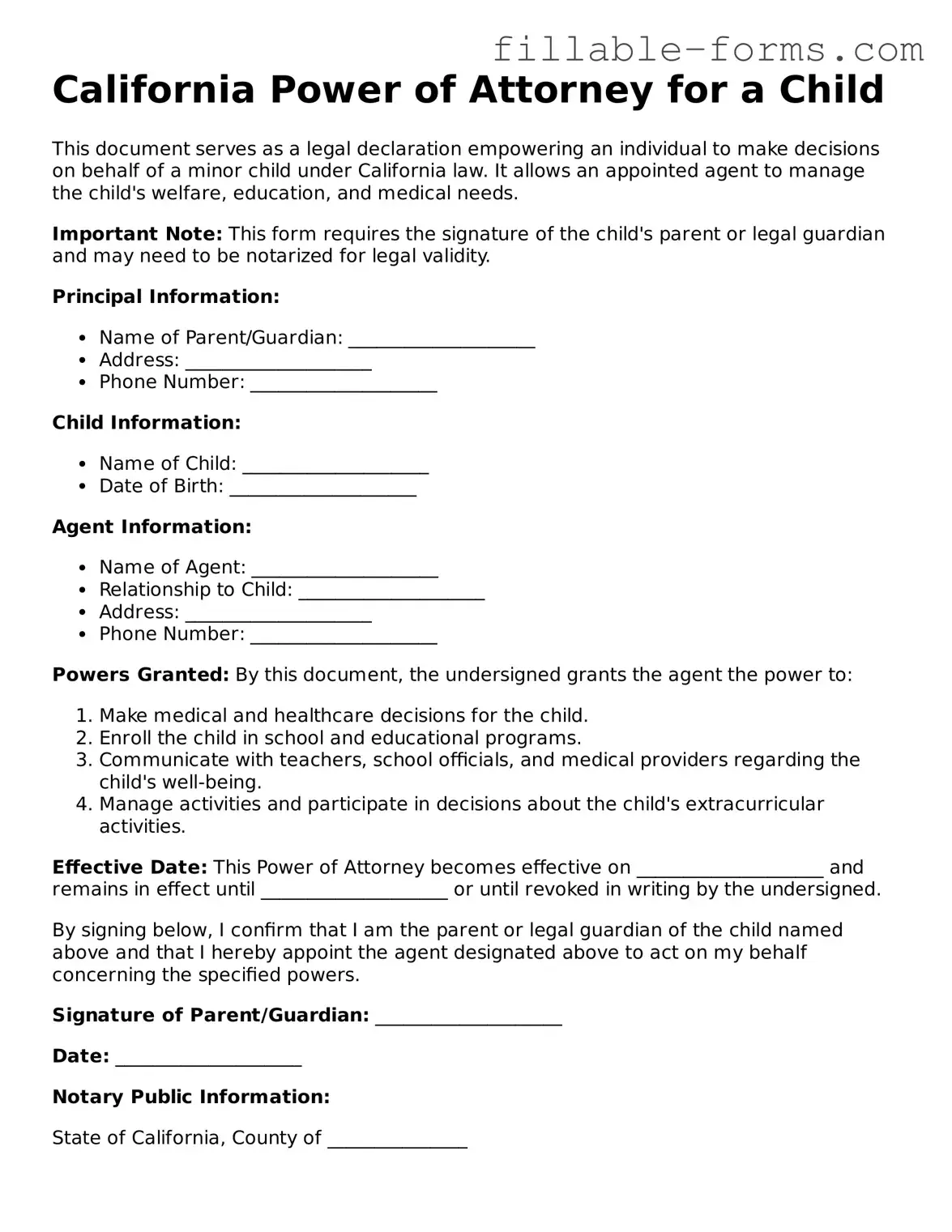 Printable  Power of Attorney for a Child Form for California