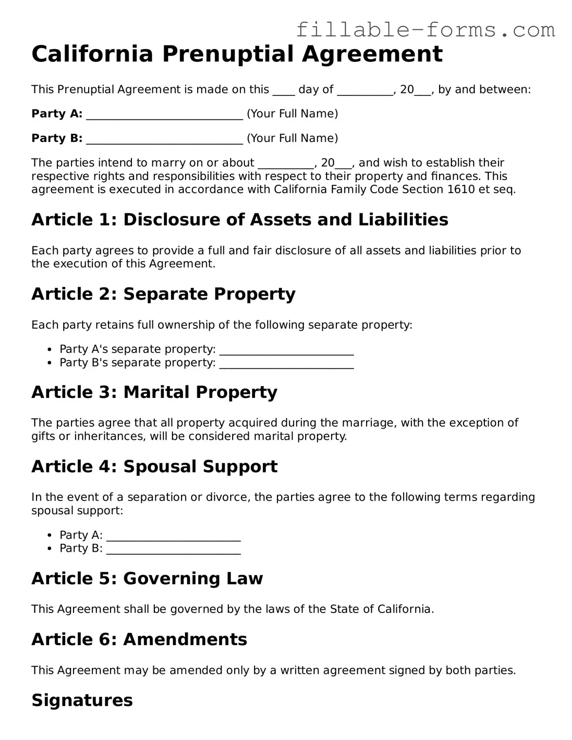 Printable  Prenuptial Agreement Form for California