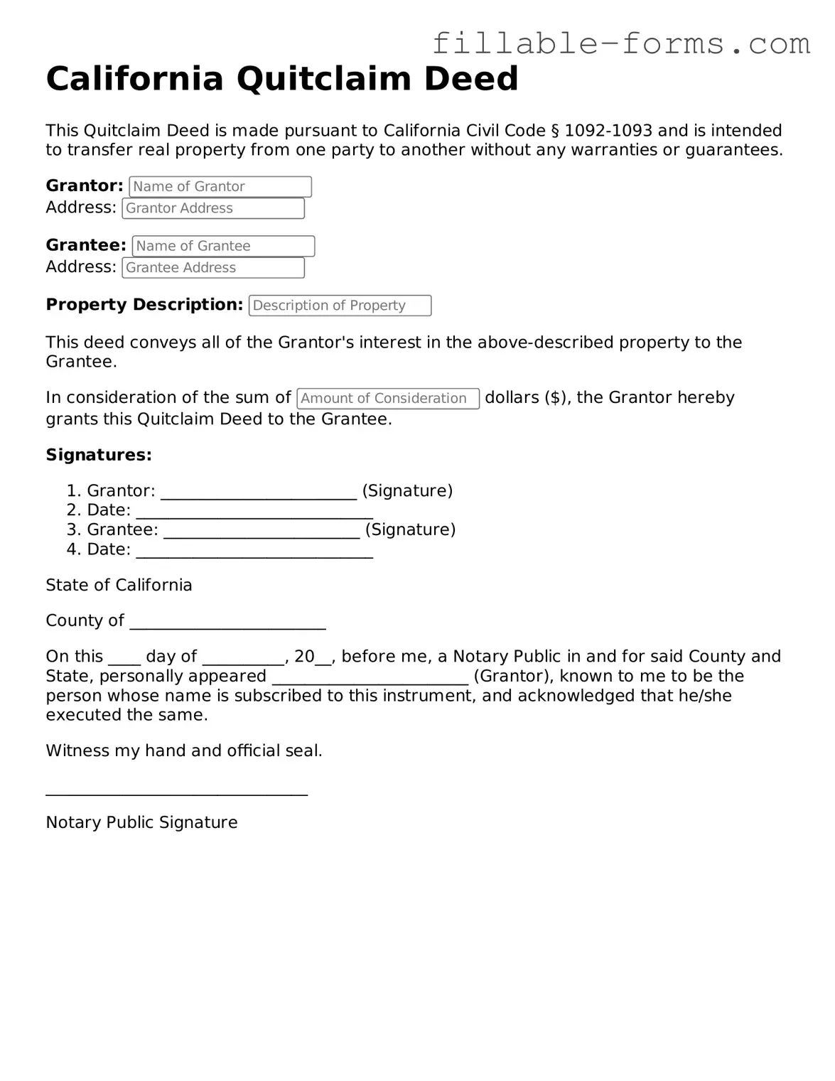 Printable  Quitclaim Deed Form for California