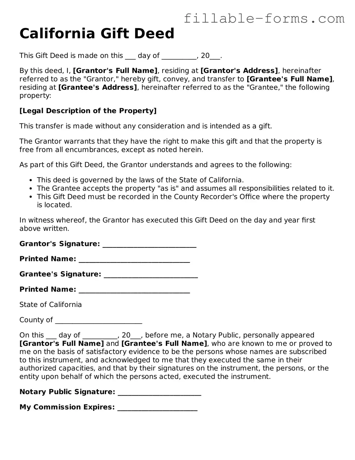 Printable  Gift Deed Form for California