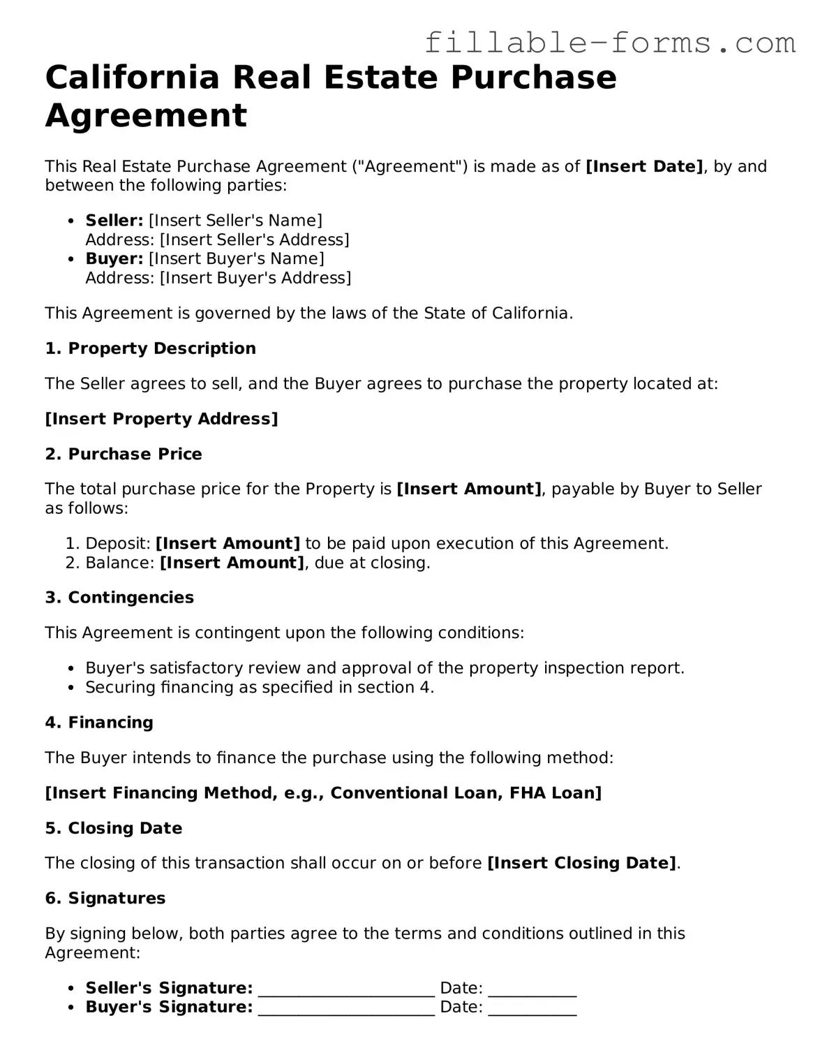 Printable  Real Estate Purchase Agreement Form for California