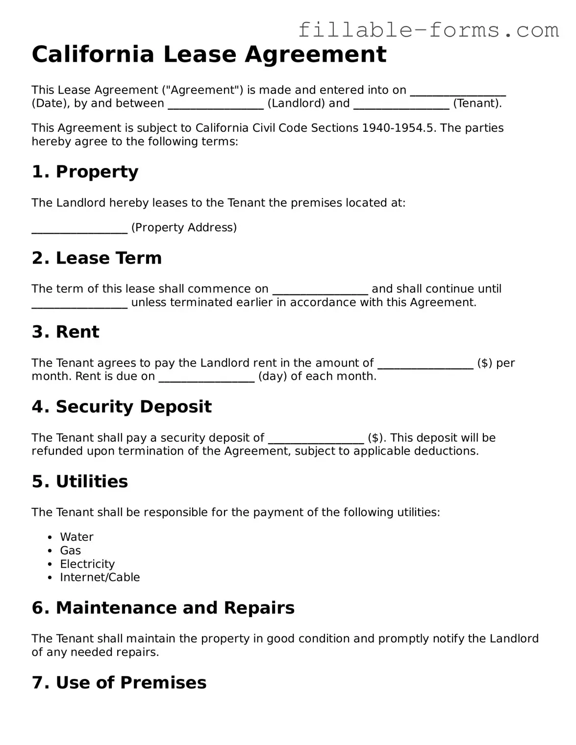 Printable  Lease Agreement Form for California