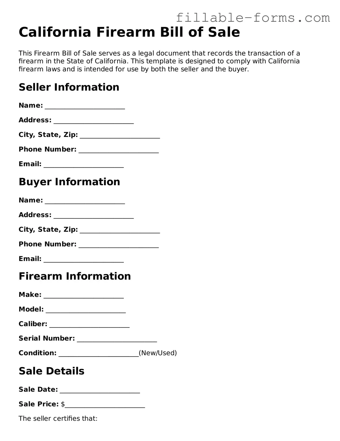 Printable  Firearm Bill of Sale Form for California