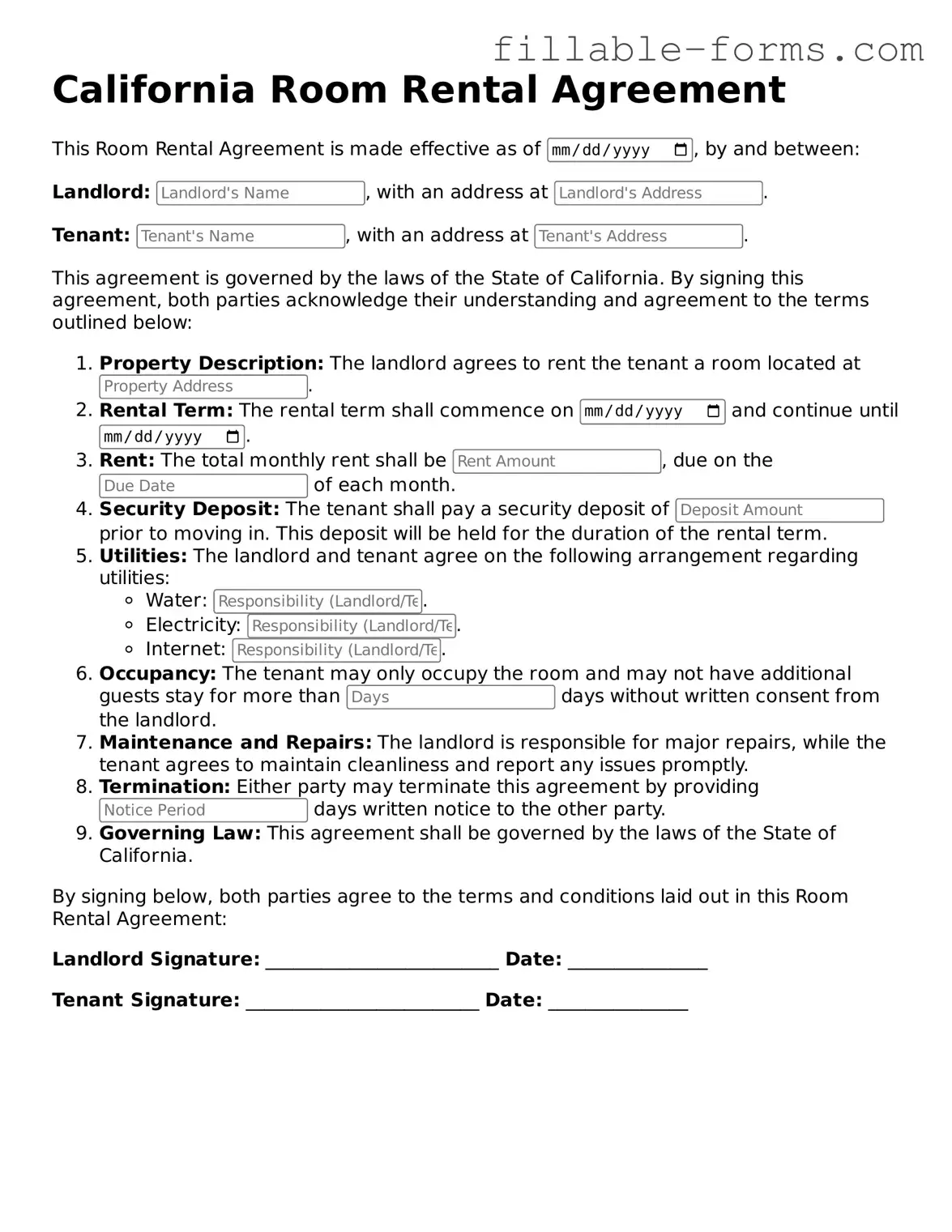 Printable  Room Rental Agreement Form for California