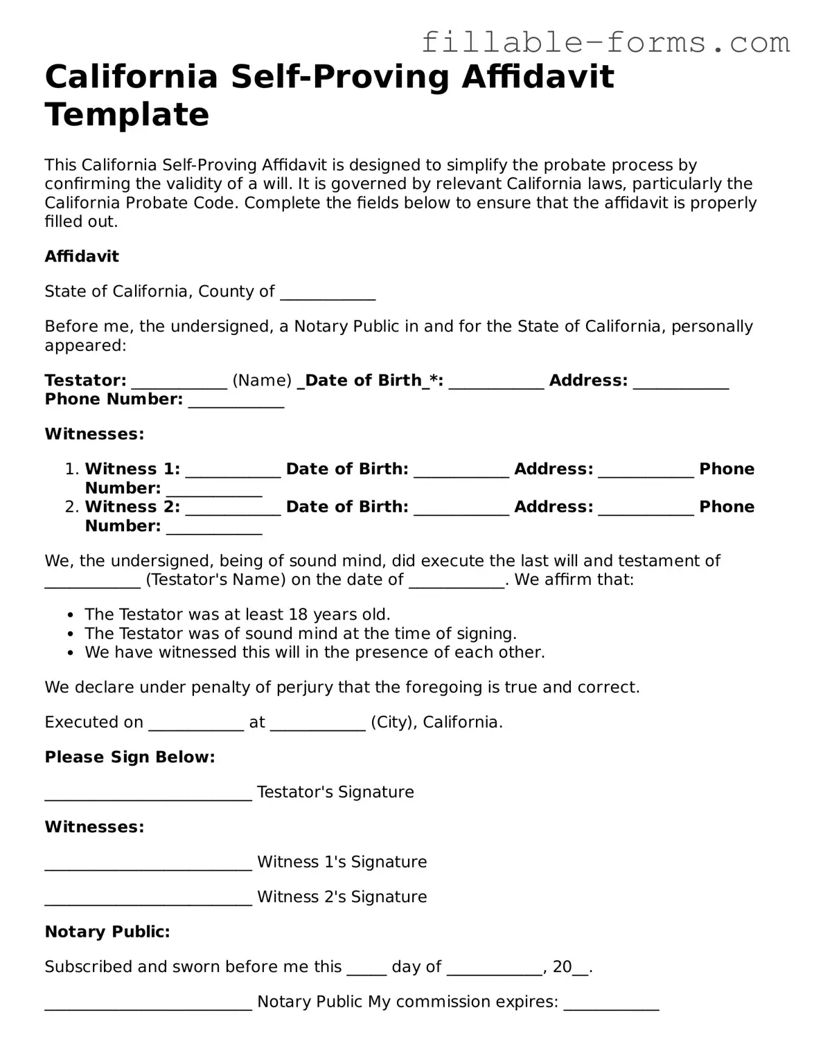 Printable  Self-Proving Affidavit Form for California