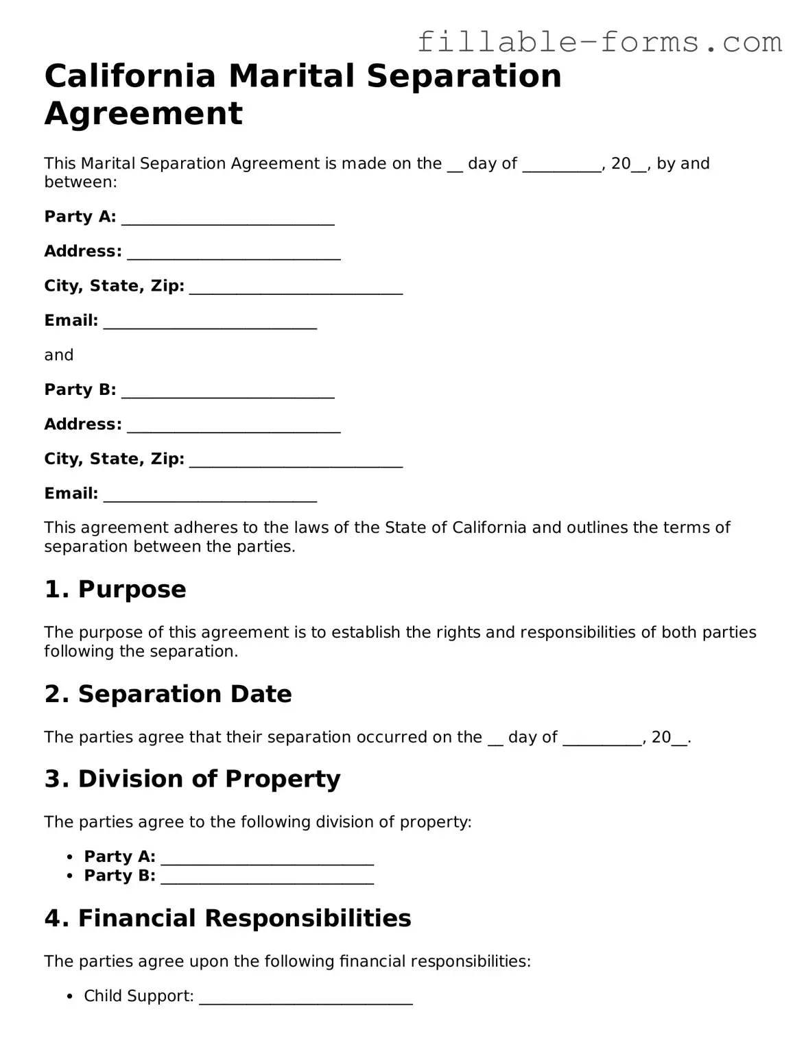 Printable  Marital Separation Agreement Form for California