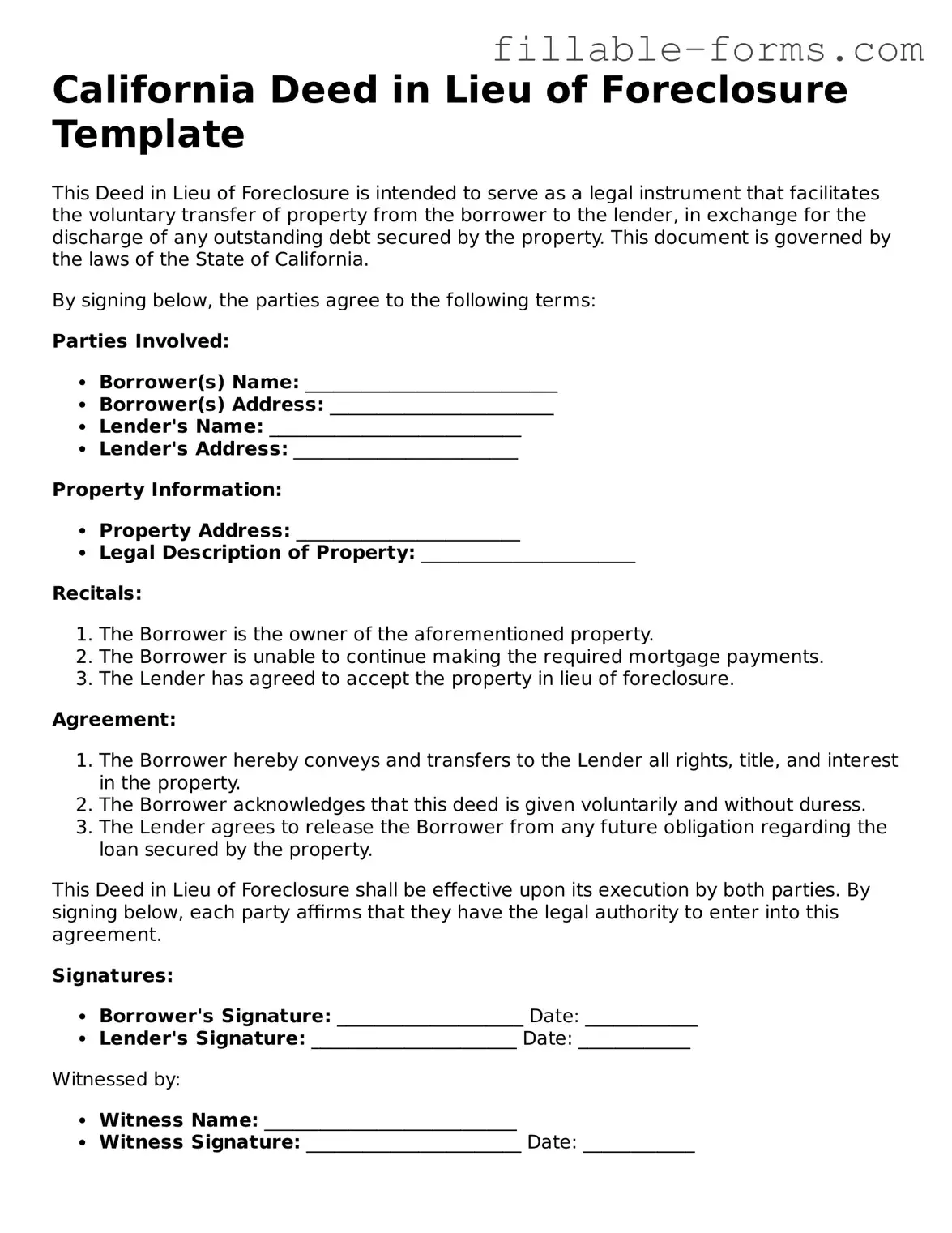 Printable  Deed in Lieu of Foreclosure Form for California