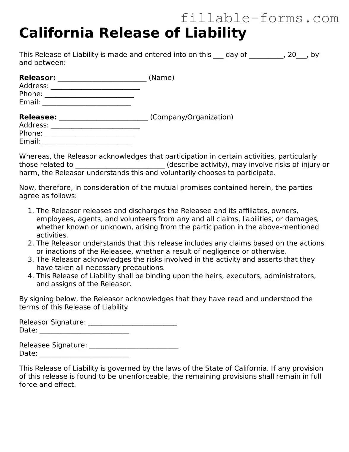 Printable  Release of Liability Form for California