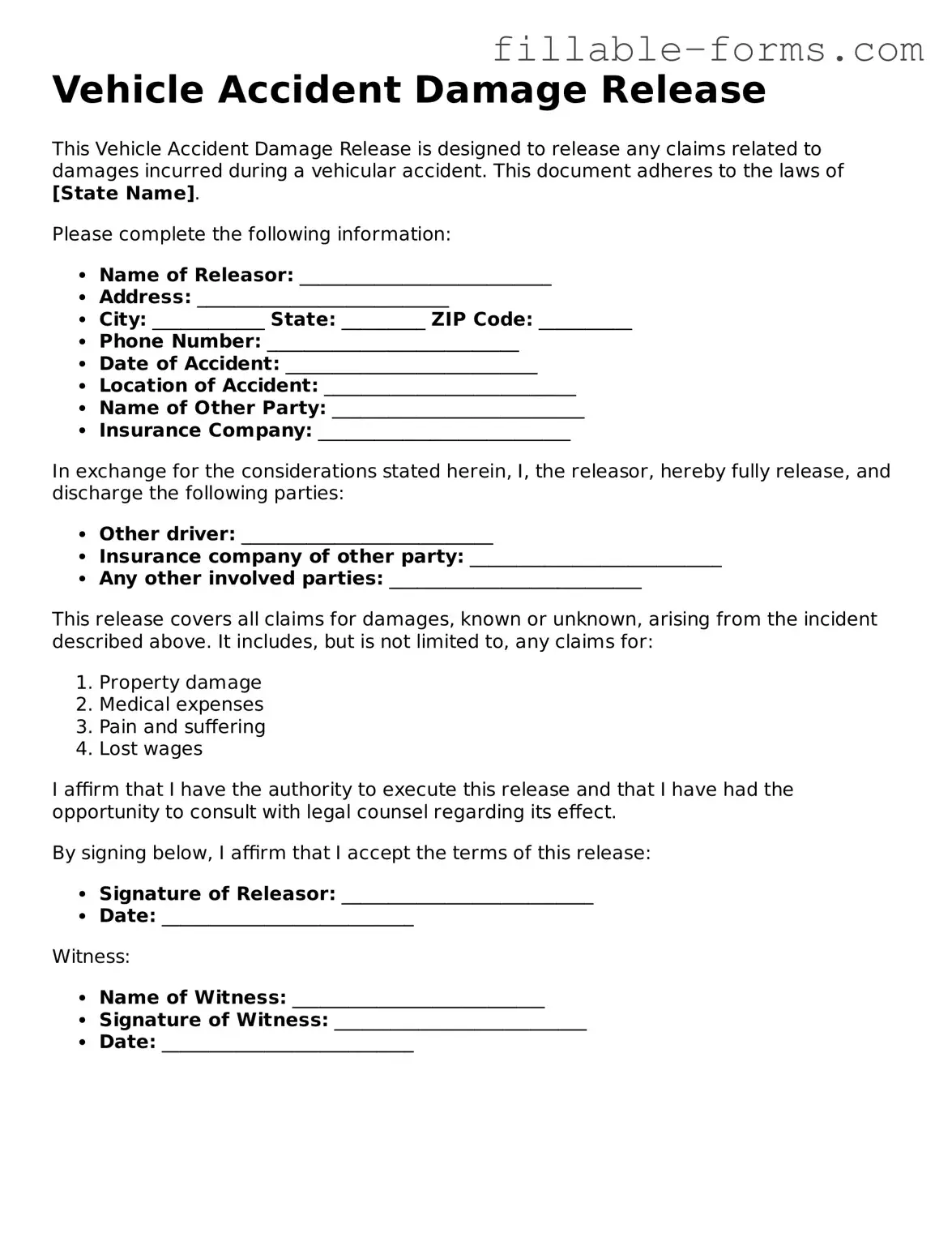 Printable Vehicle Accident Damage Release Form
