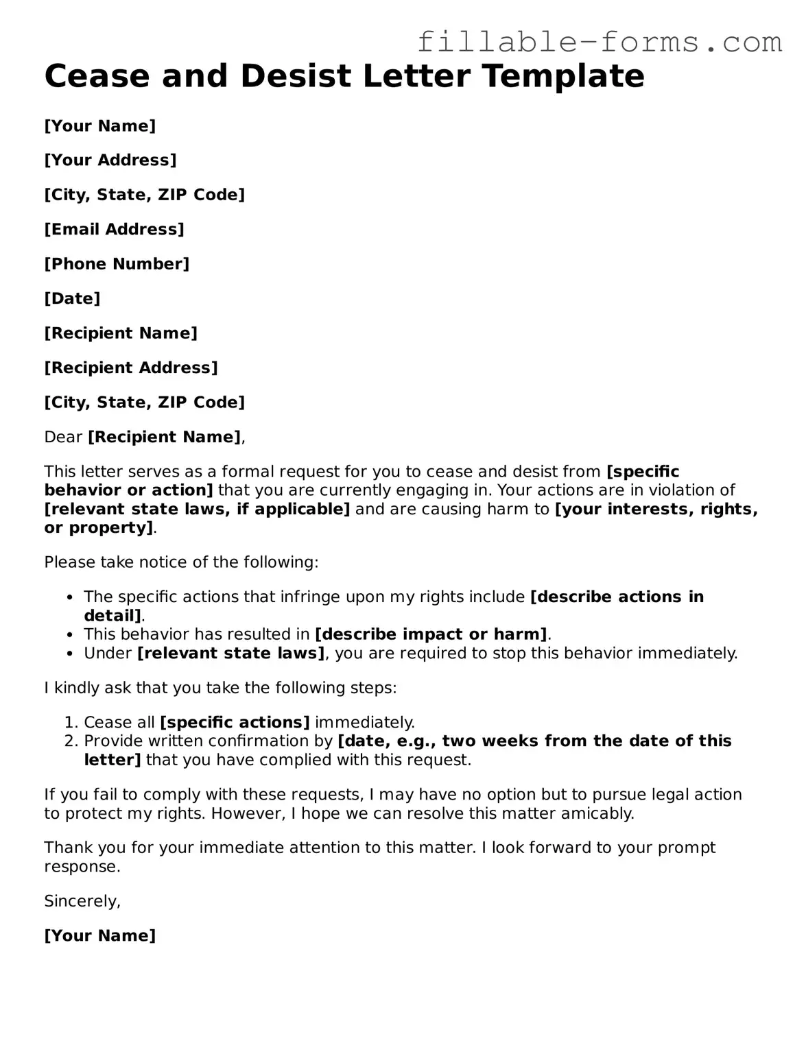 Printable Cease and Desist Letter Form