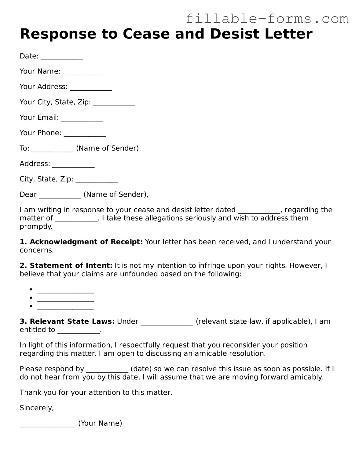 Printable Response to a Cease and Desist Letter Form