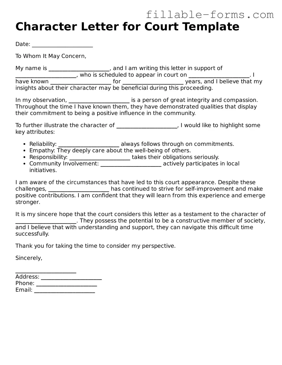 Printable Character Letter for Court Form