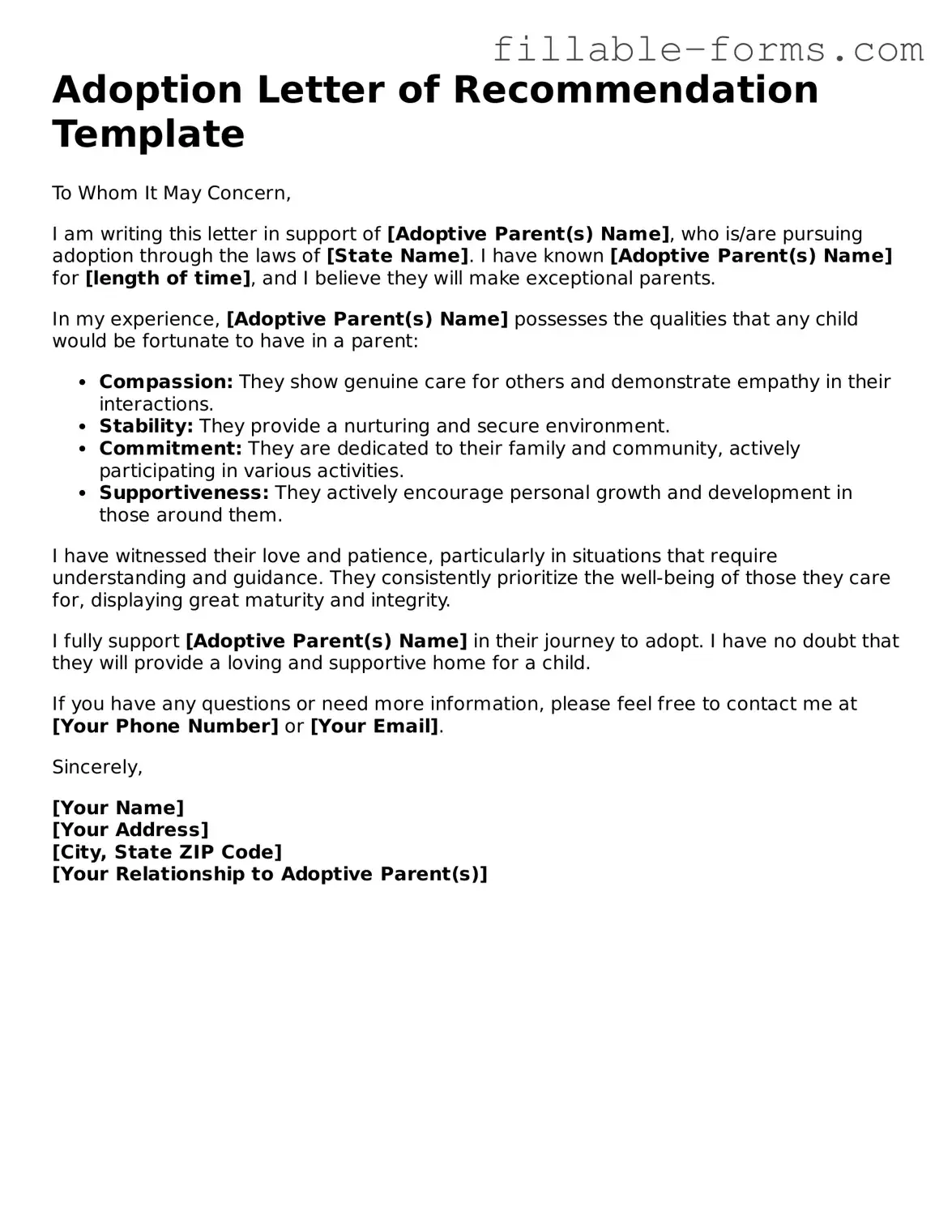 Printable Adoption Letter of Recommendation Form