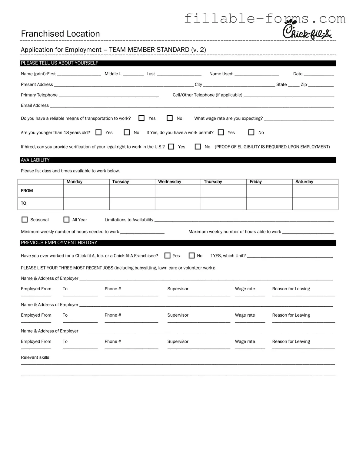 Fill Out a Valid Chick Fil A Job Application Template