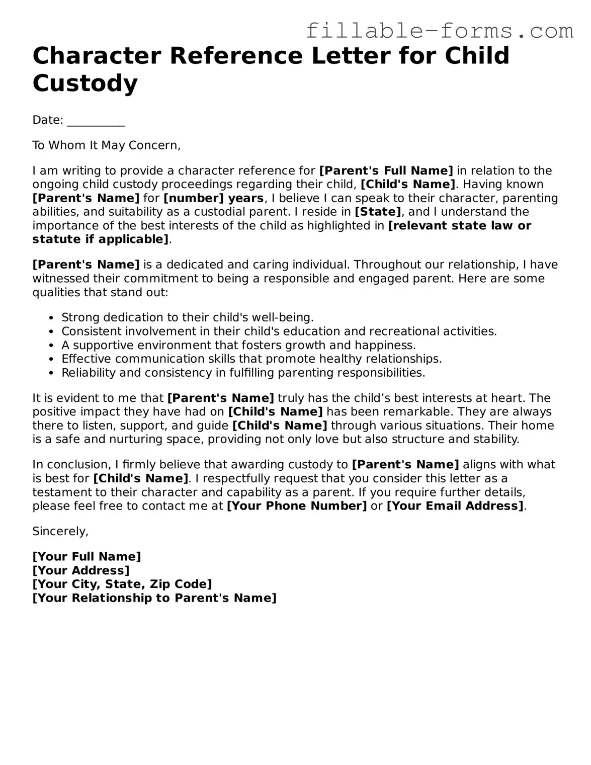 Printable Character Reference Letter for Child Custody Form