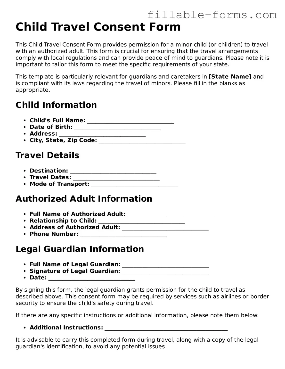 Printable Child Travel Consent Form Form