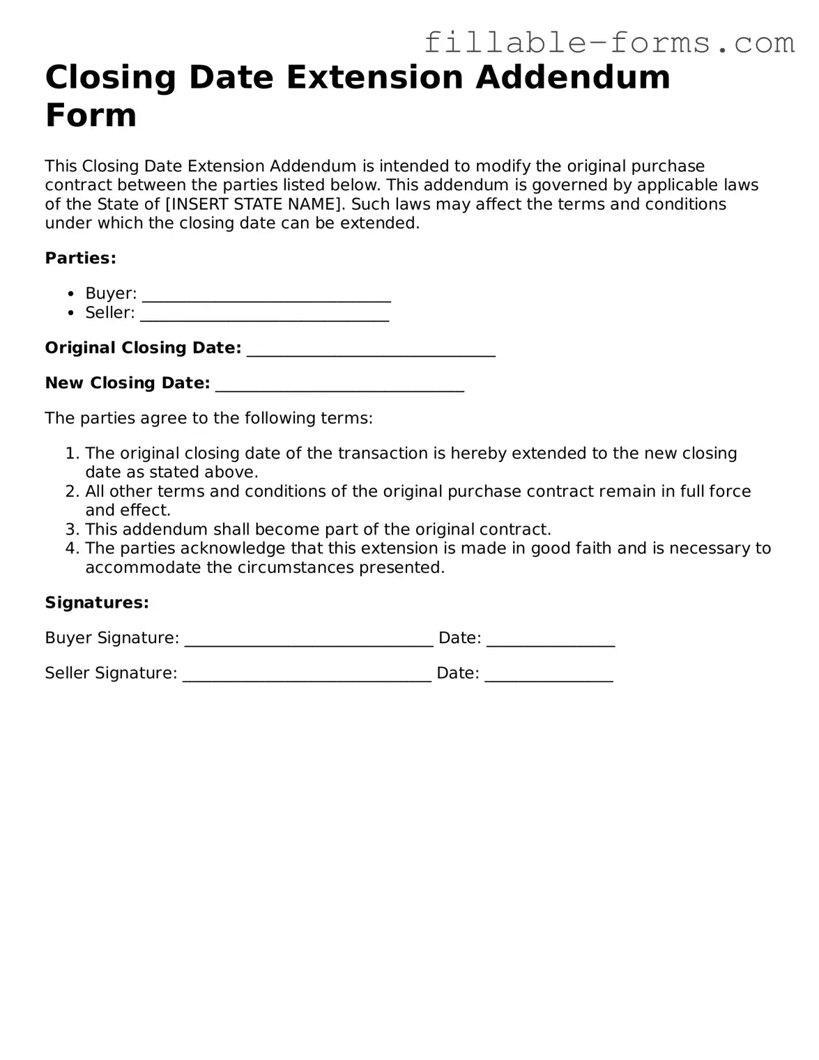 Printable Closing Date Extension Addendum Form Form