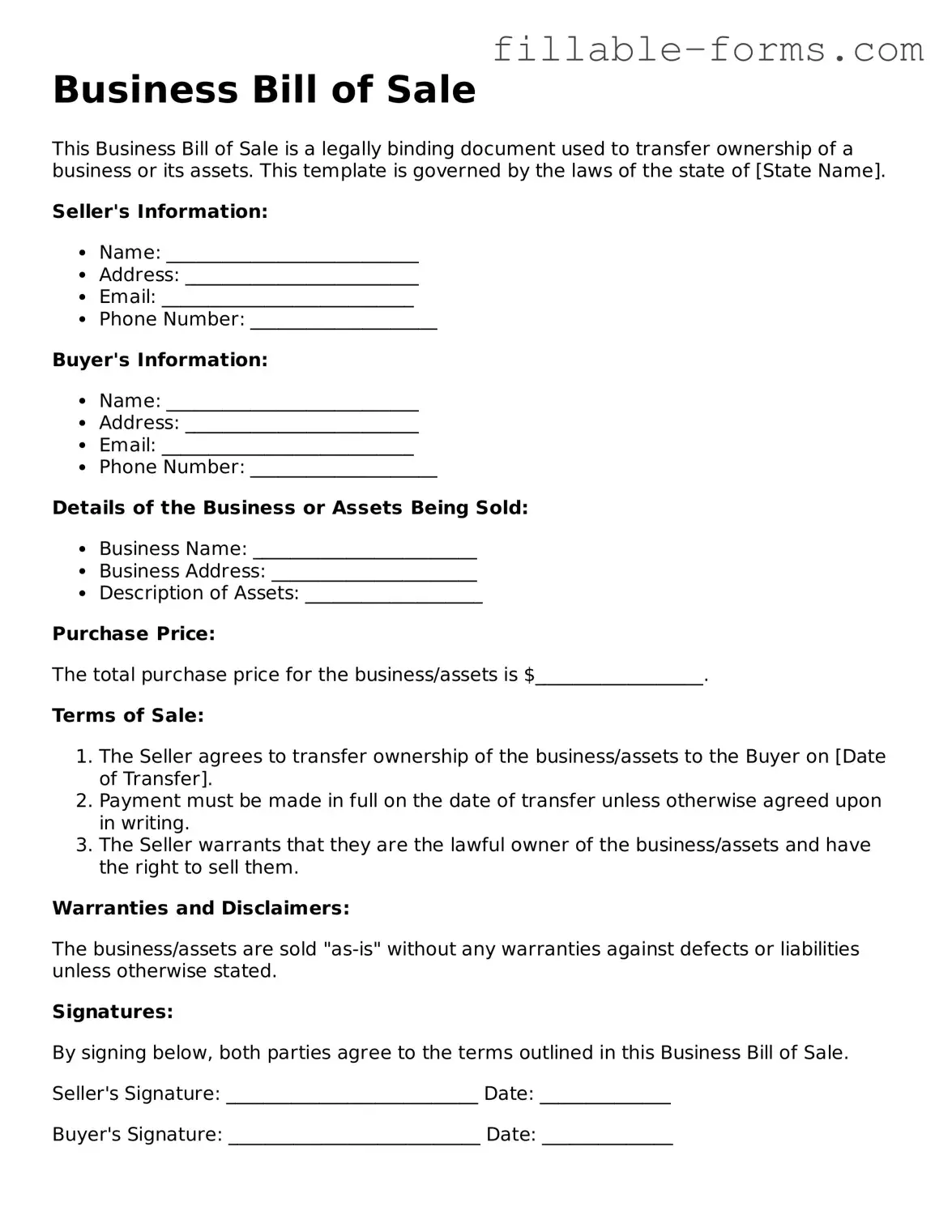 Printable Business Bill of Sale Form