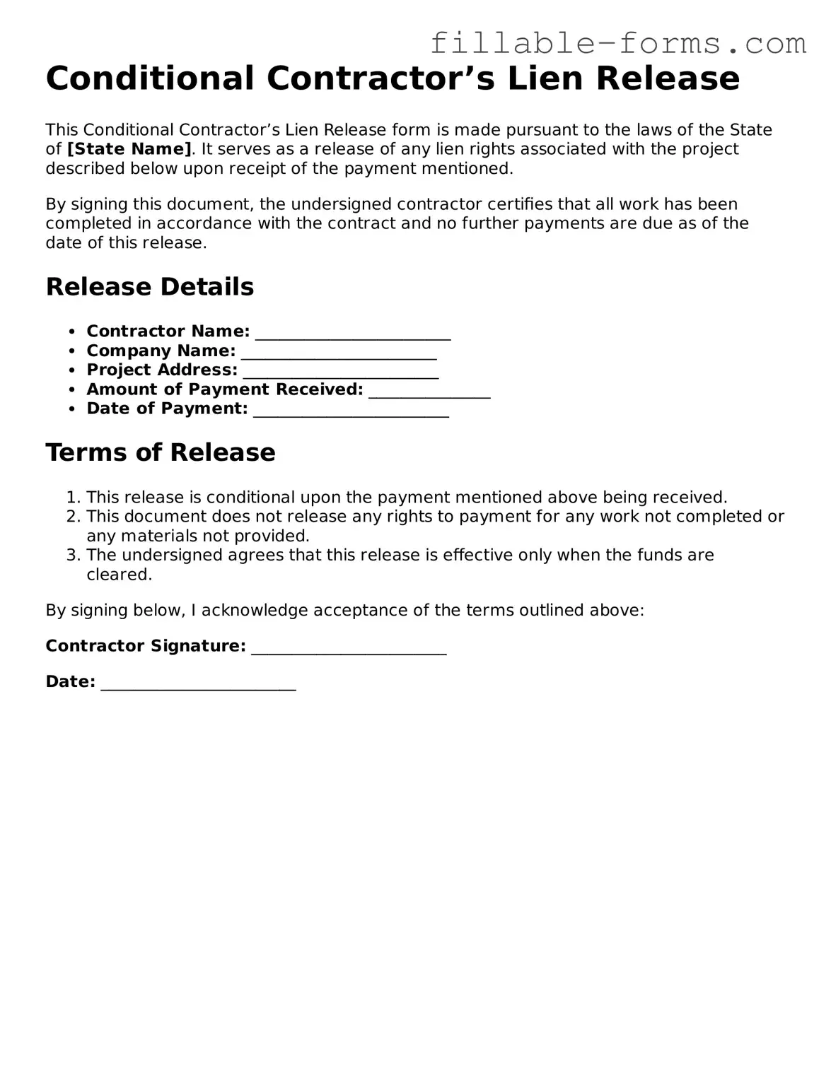 Printable Conditional Contractor’s Lien Release Form