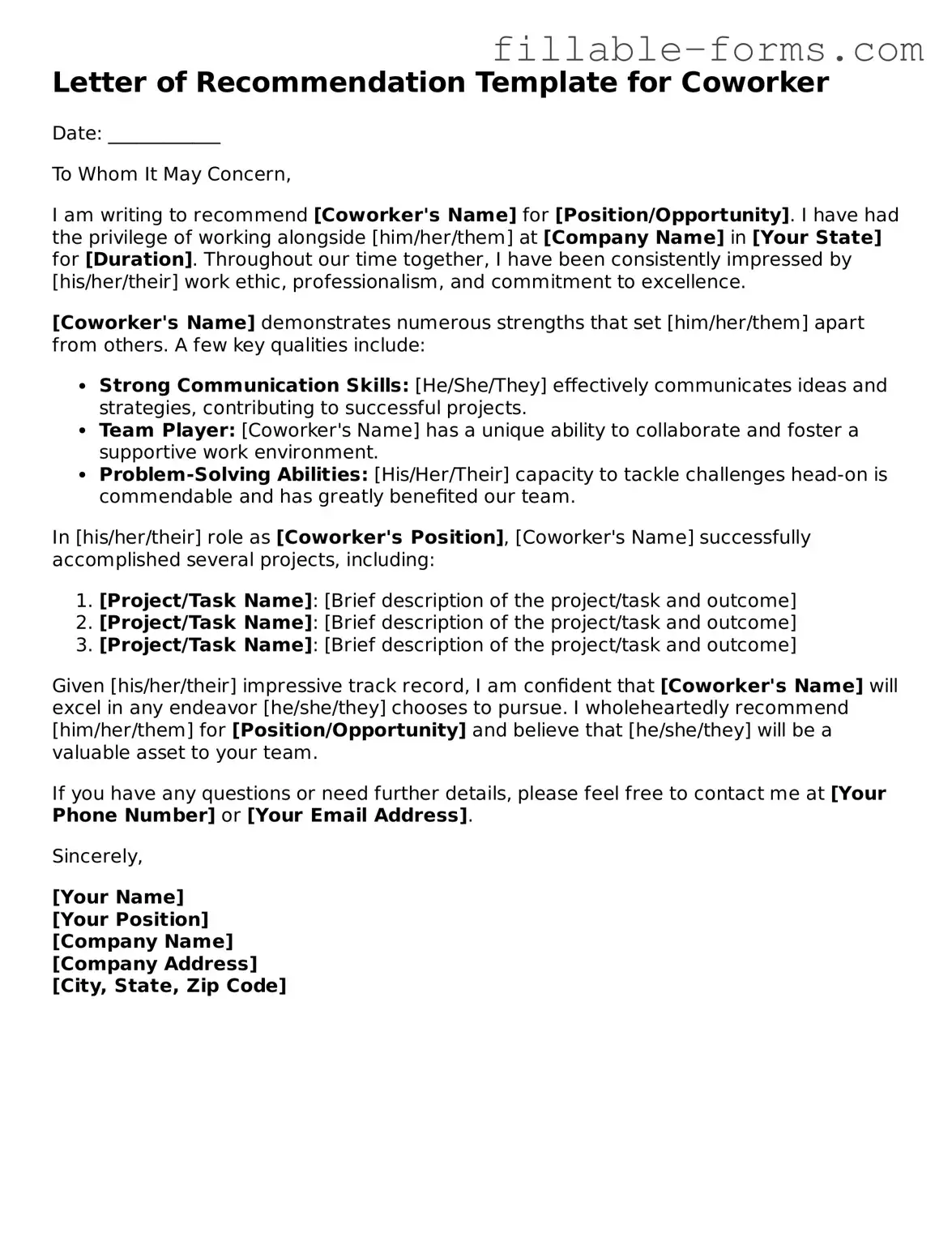 Printable Letter of Recommendation for Coworker Form