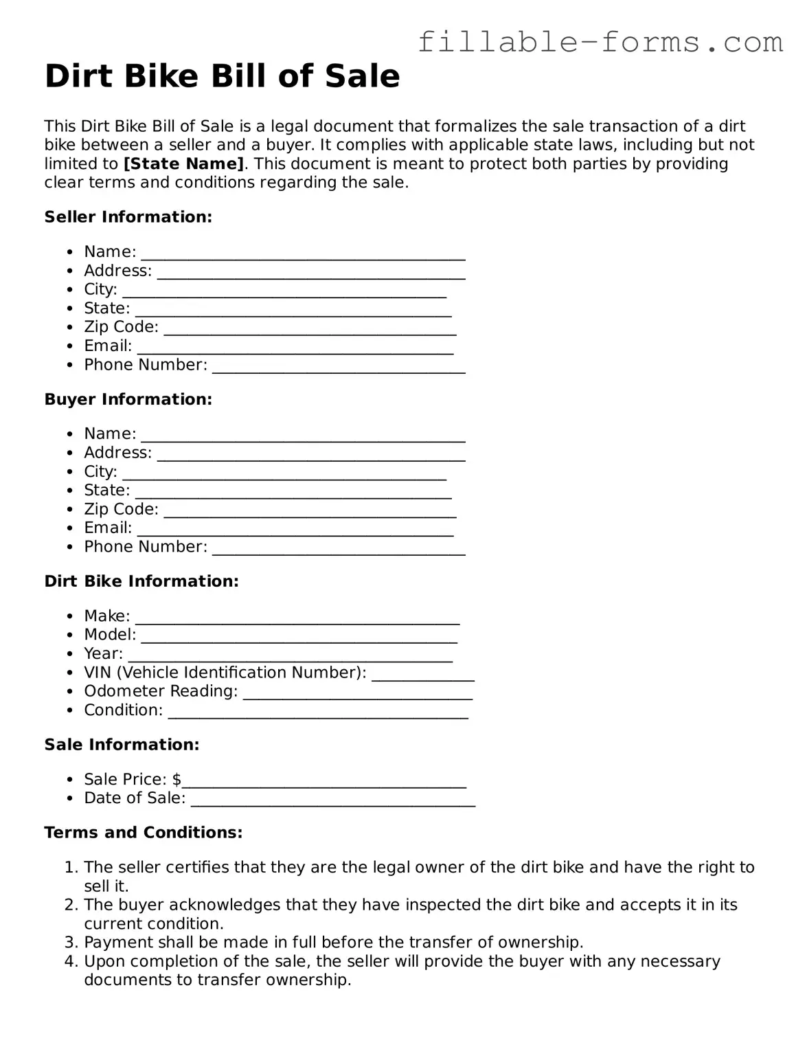 Printable Dirt Bike Bill of Sale Form