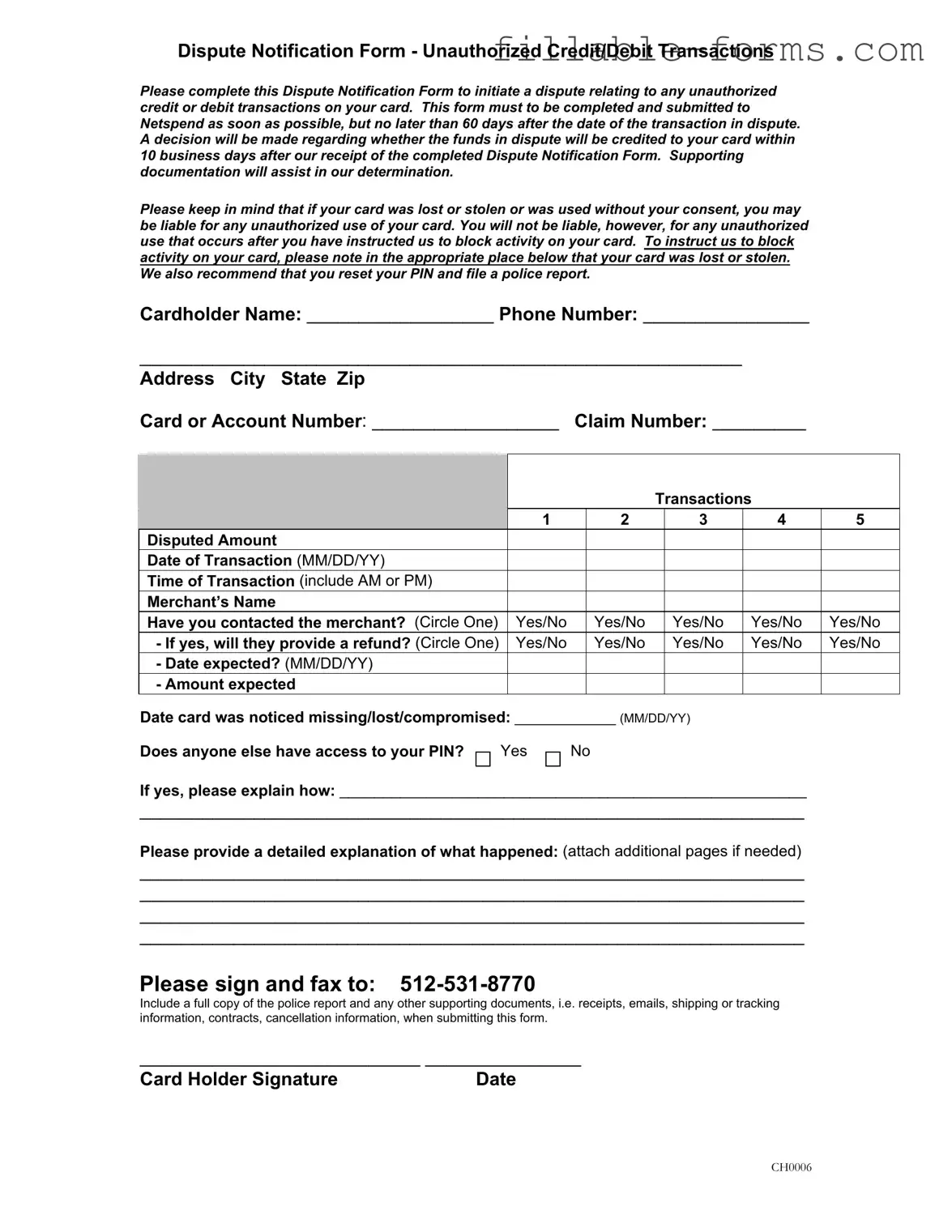 Fill Out a Valid Netspend Dispute Template