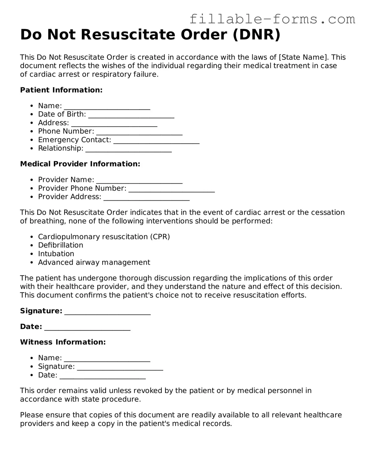Printable Do Not Resuscitate Order Form