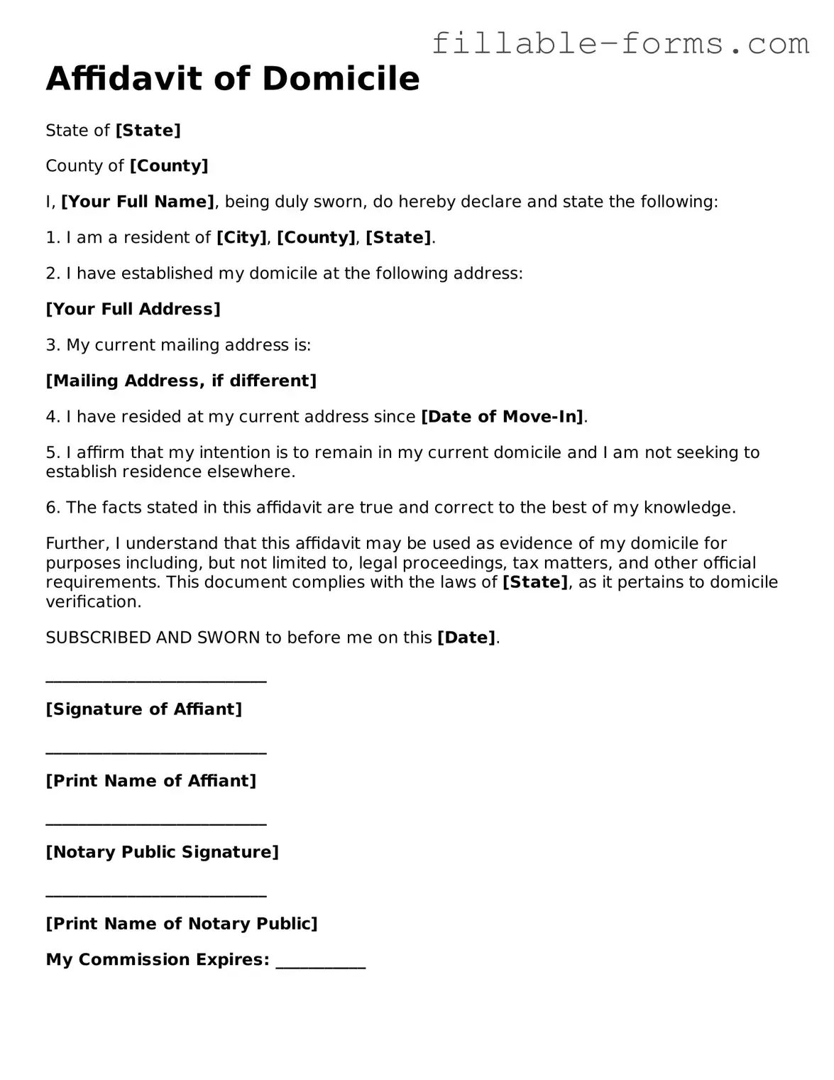 Printable Affidavit of Domicile Form