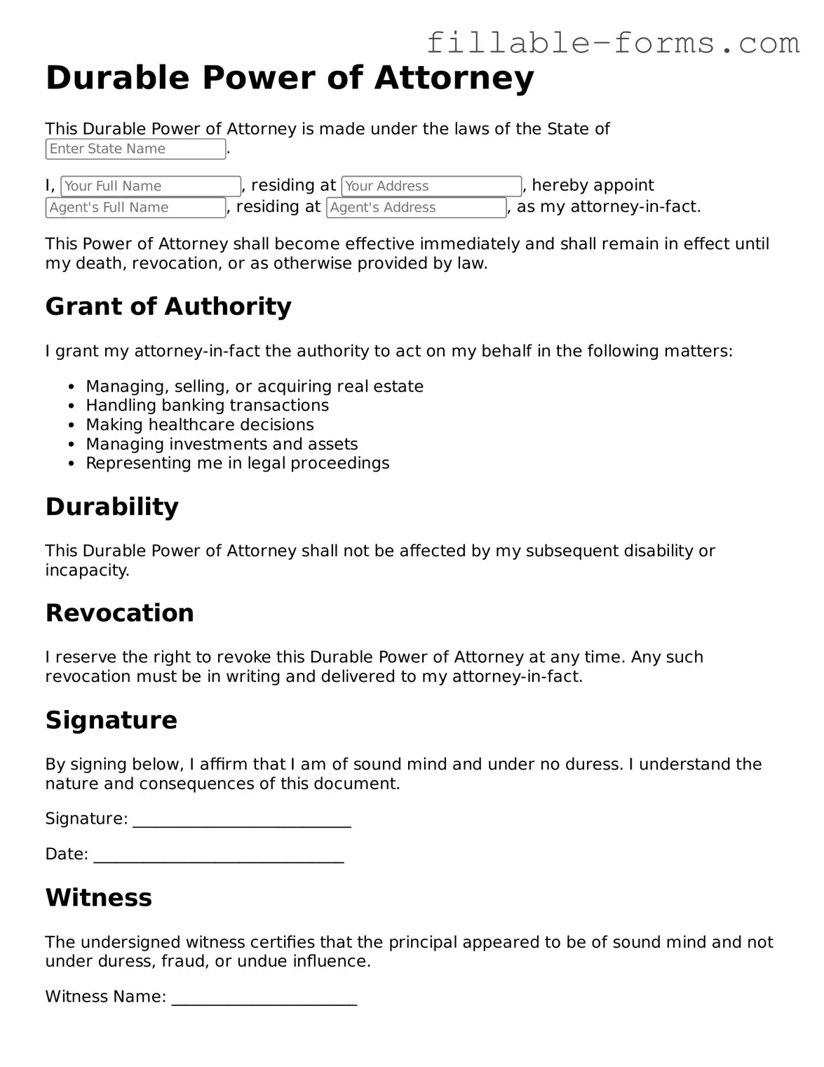 Printable Durable Power of Attorney Form