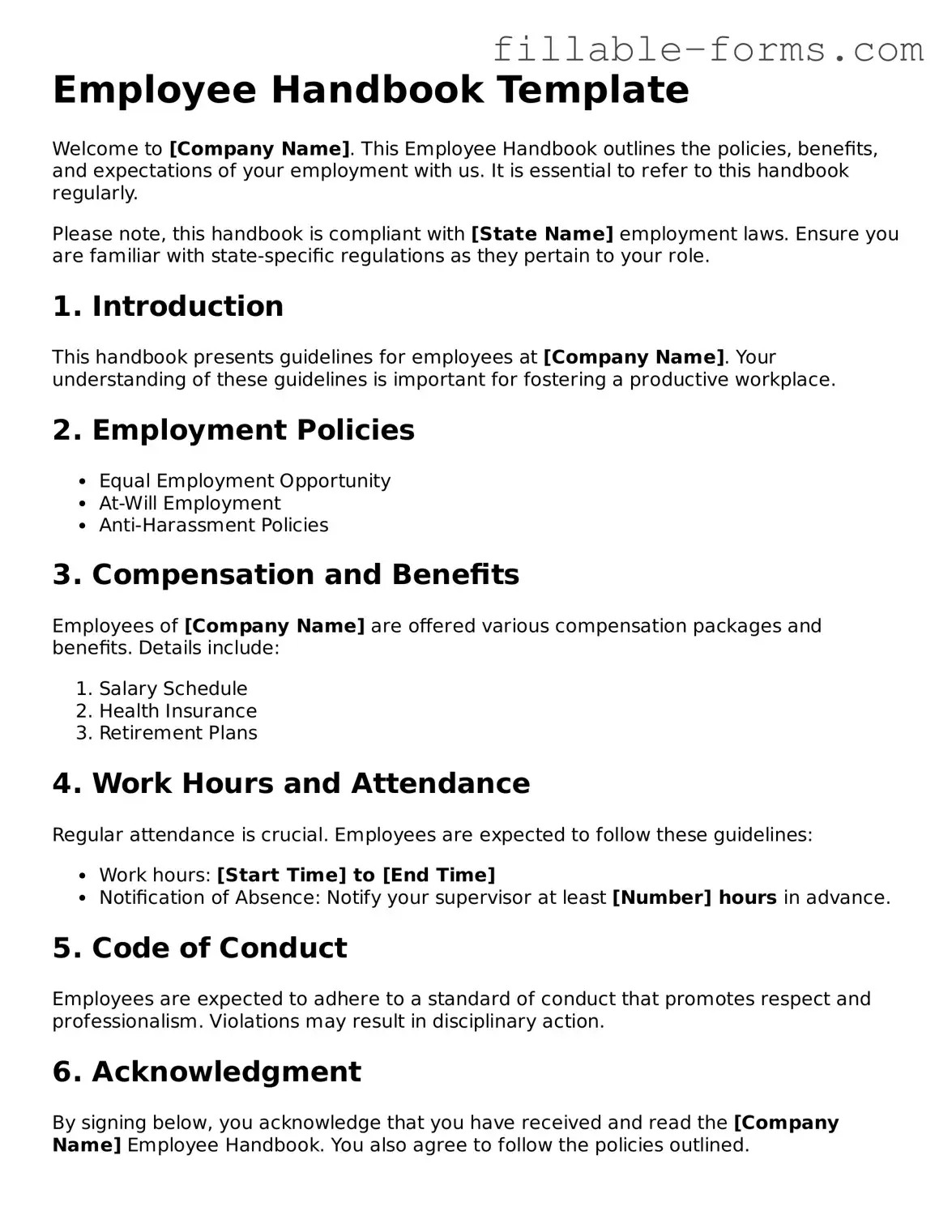 Printable Employee Handbook Form