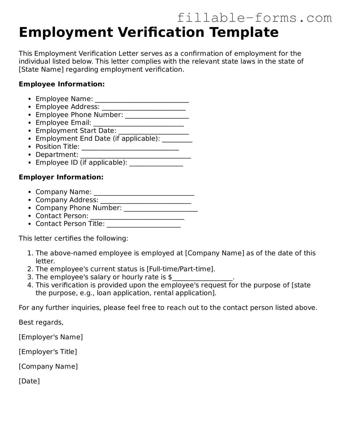 Printable Employment Verification Form