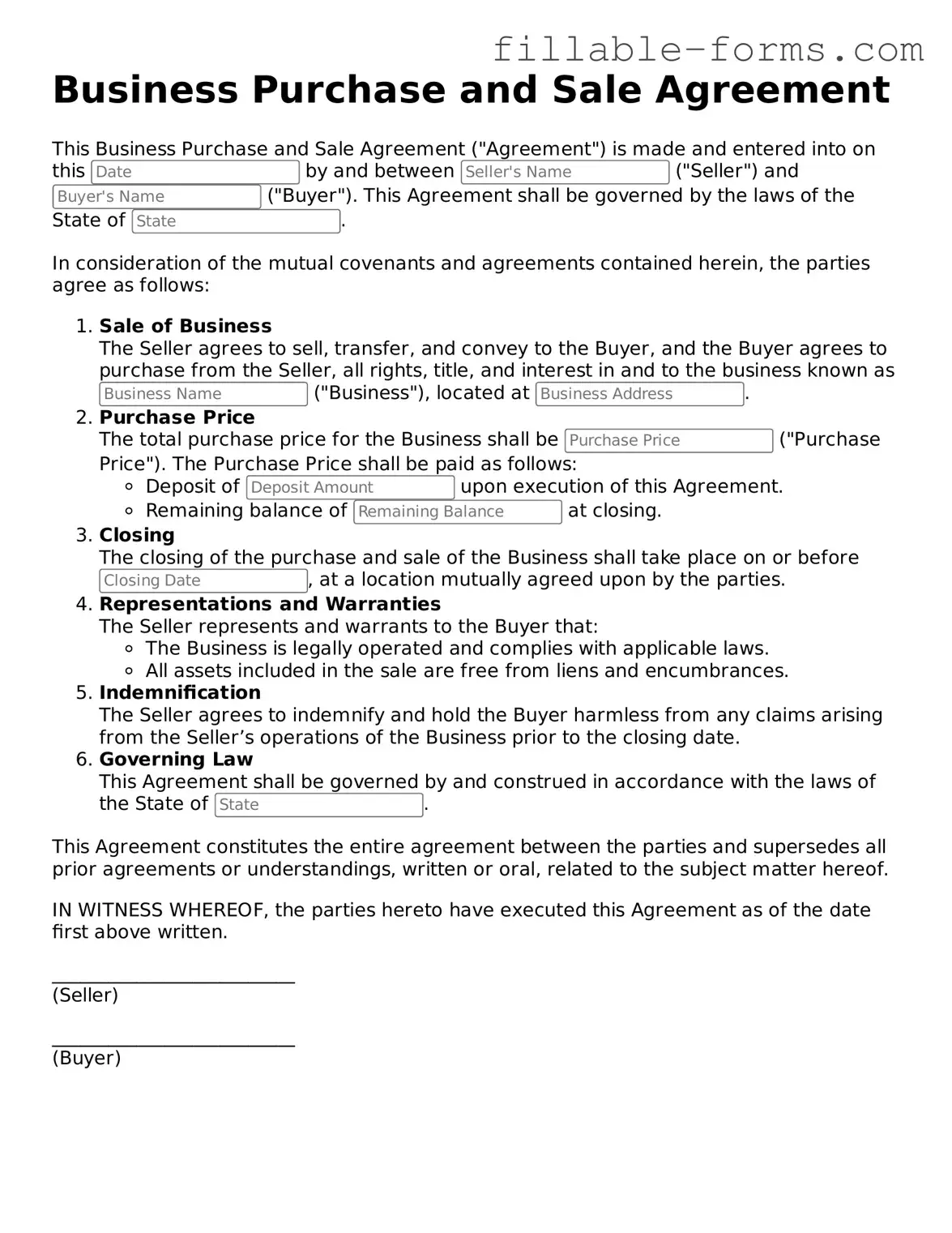 Printable Business Purchase and Sale Agreement Form