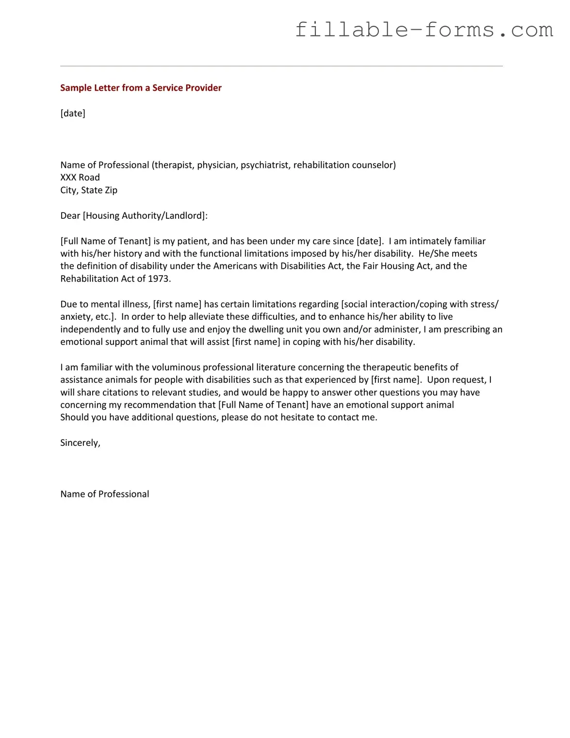 Fill Out a Valid Emotional Support Animal Letter Template
