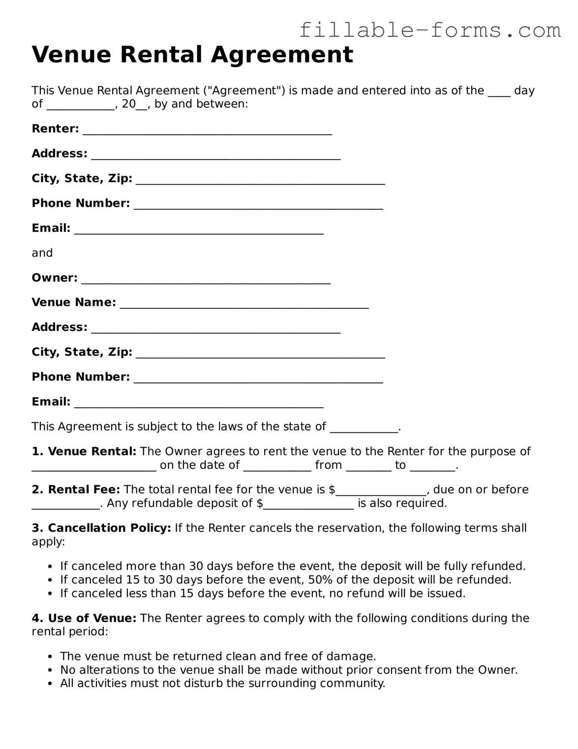 Printable Venue Rental Agreement Form
