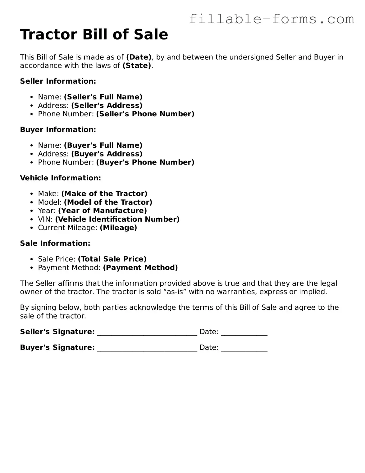 Printable Tractor Bill of Sale Form