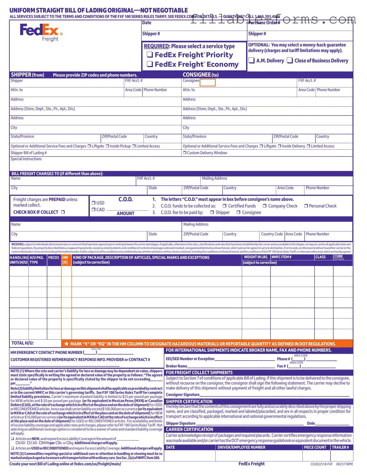 Fill Out a Valid Fedex Bill Of Lading Template