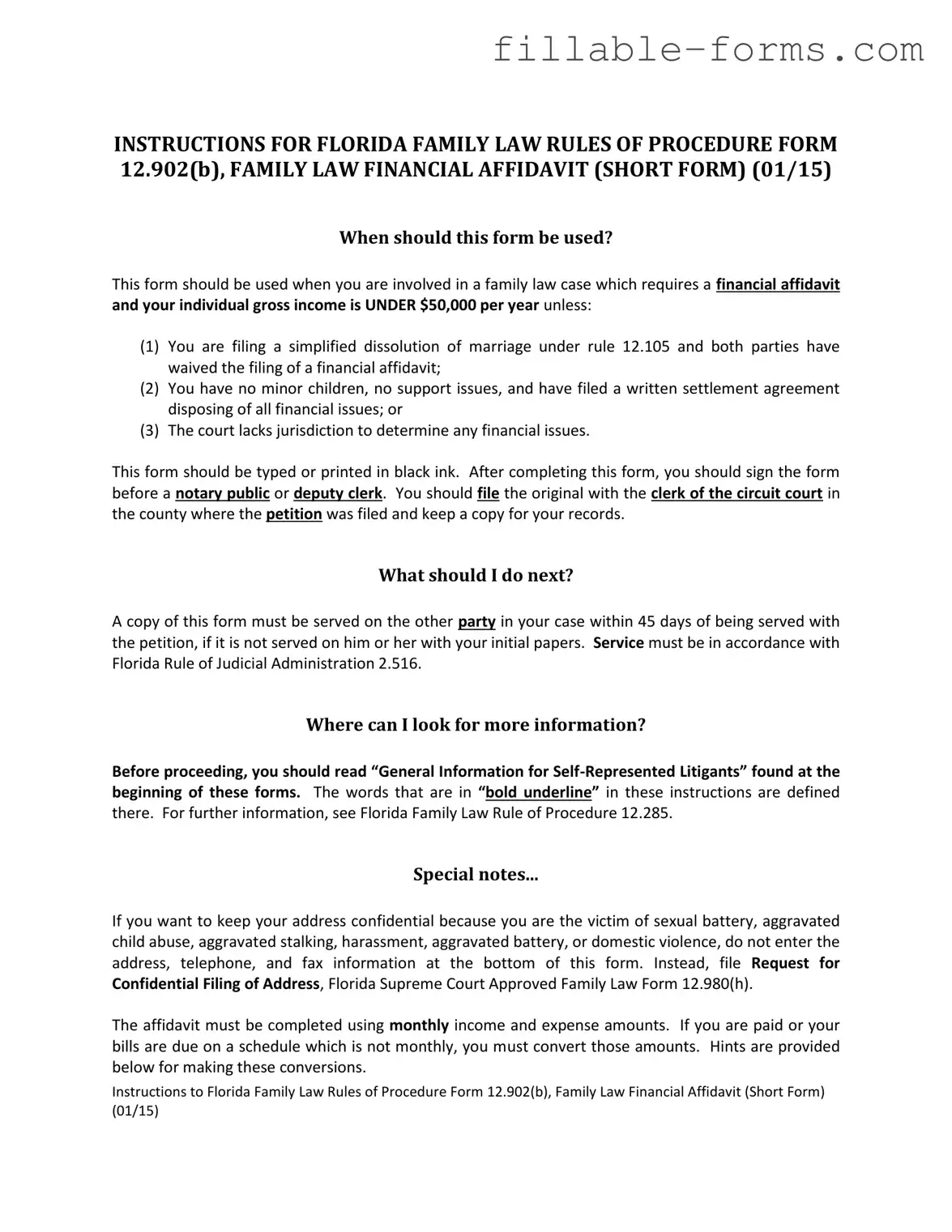 Fill Out a Valid Florida Financial Affidavit Short 12.902(b) Template