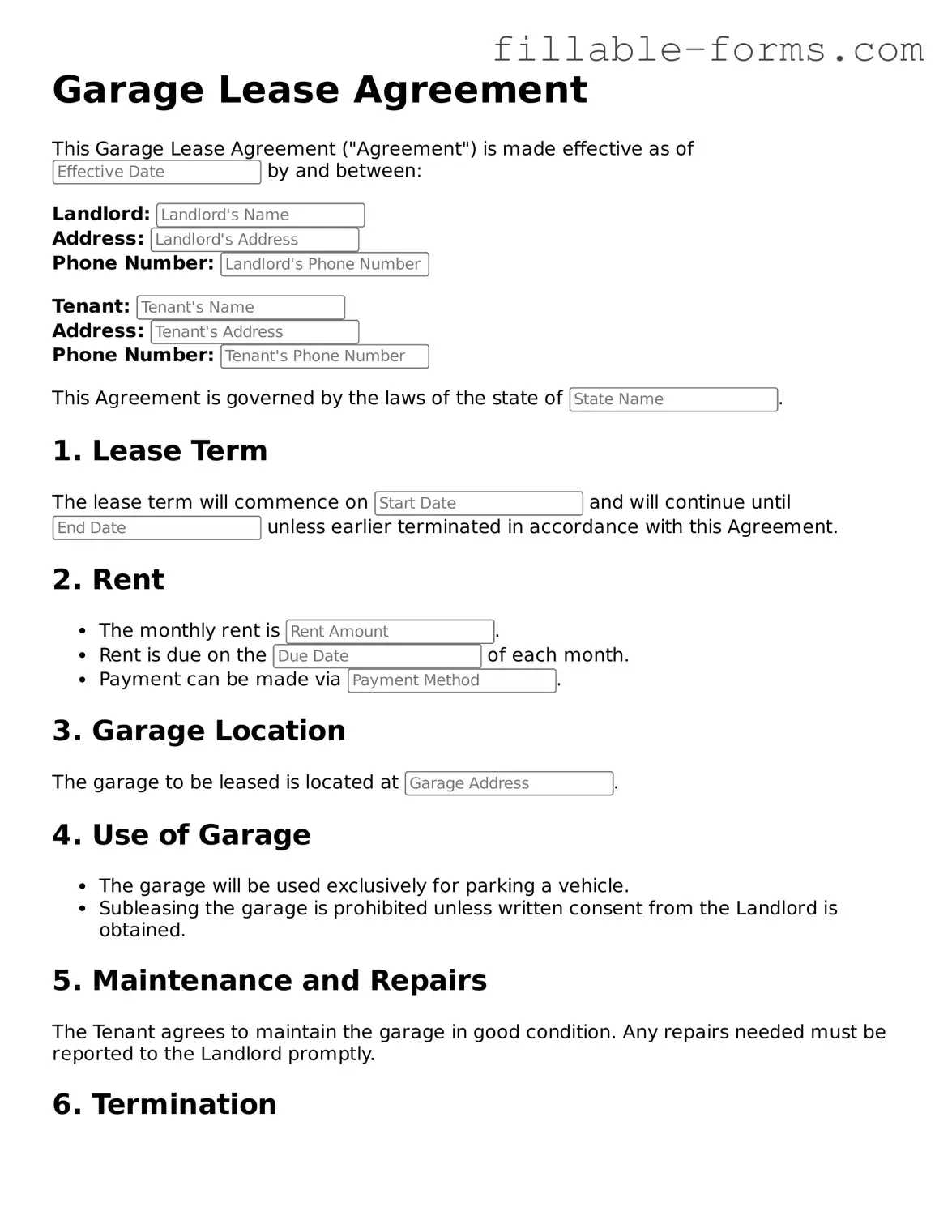 Printable Garage Lease Agreement Form